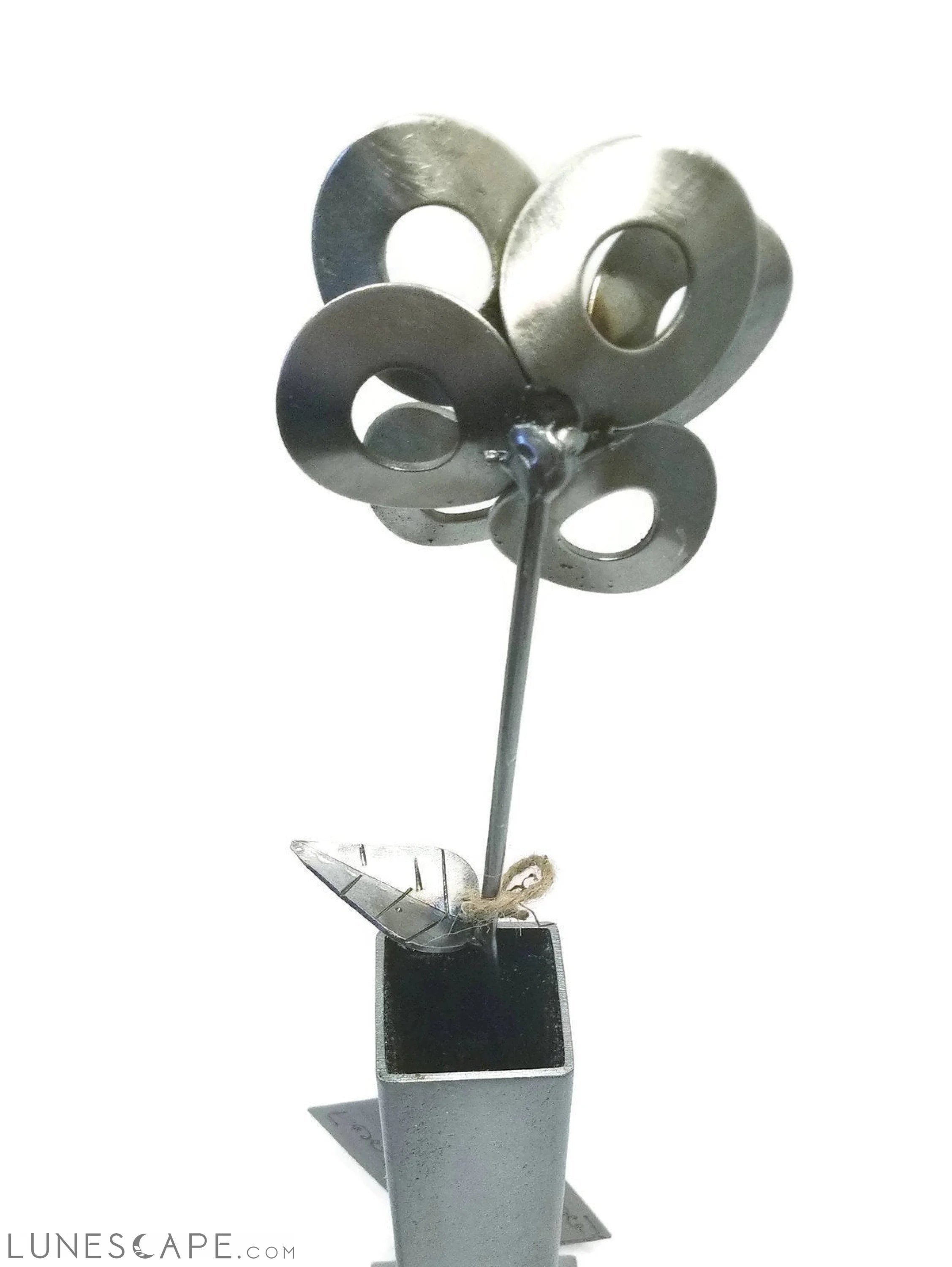 Metal Flower and Vase, Recycled Steel Metal Flower with Vase, LUNESCAPE