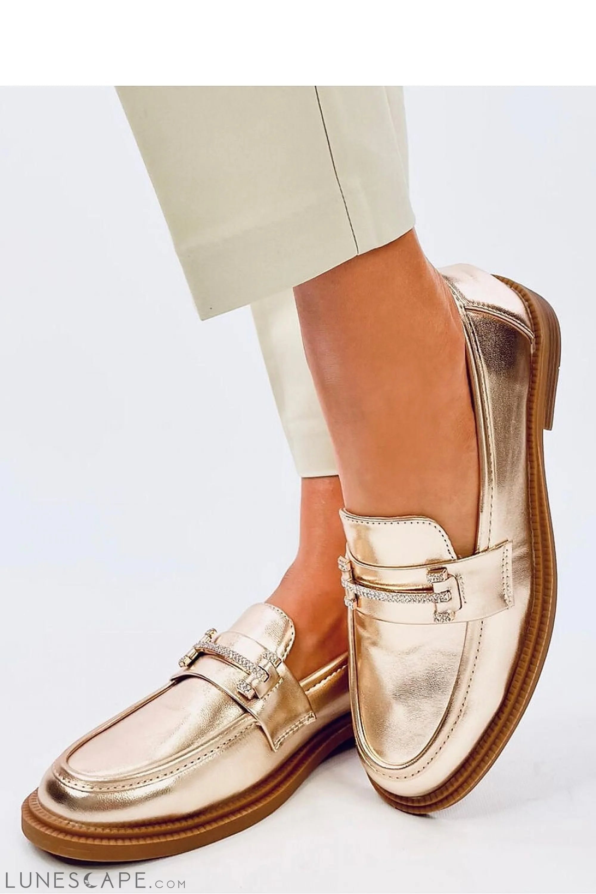 Metallic Champagne Women's Loafers – Almond Toe with Gold Bit & Low Heel LUNESCAPE