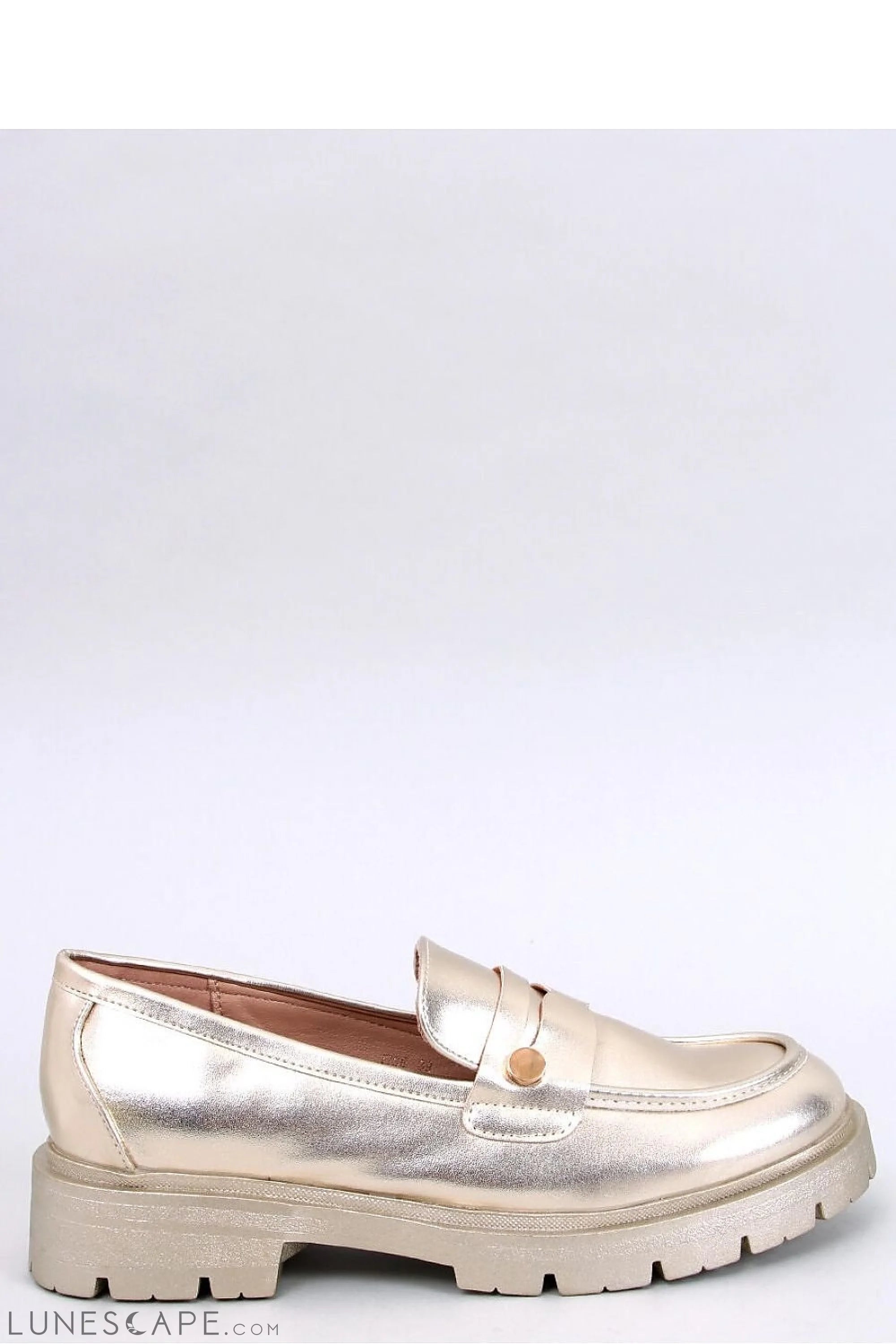 Metallic Gold Eco-Leather Loafers for Women – Lug Sole Slip-On Shoes LUNESCAPE