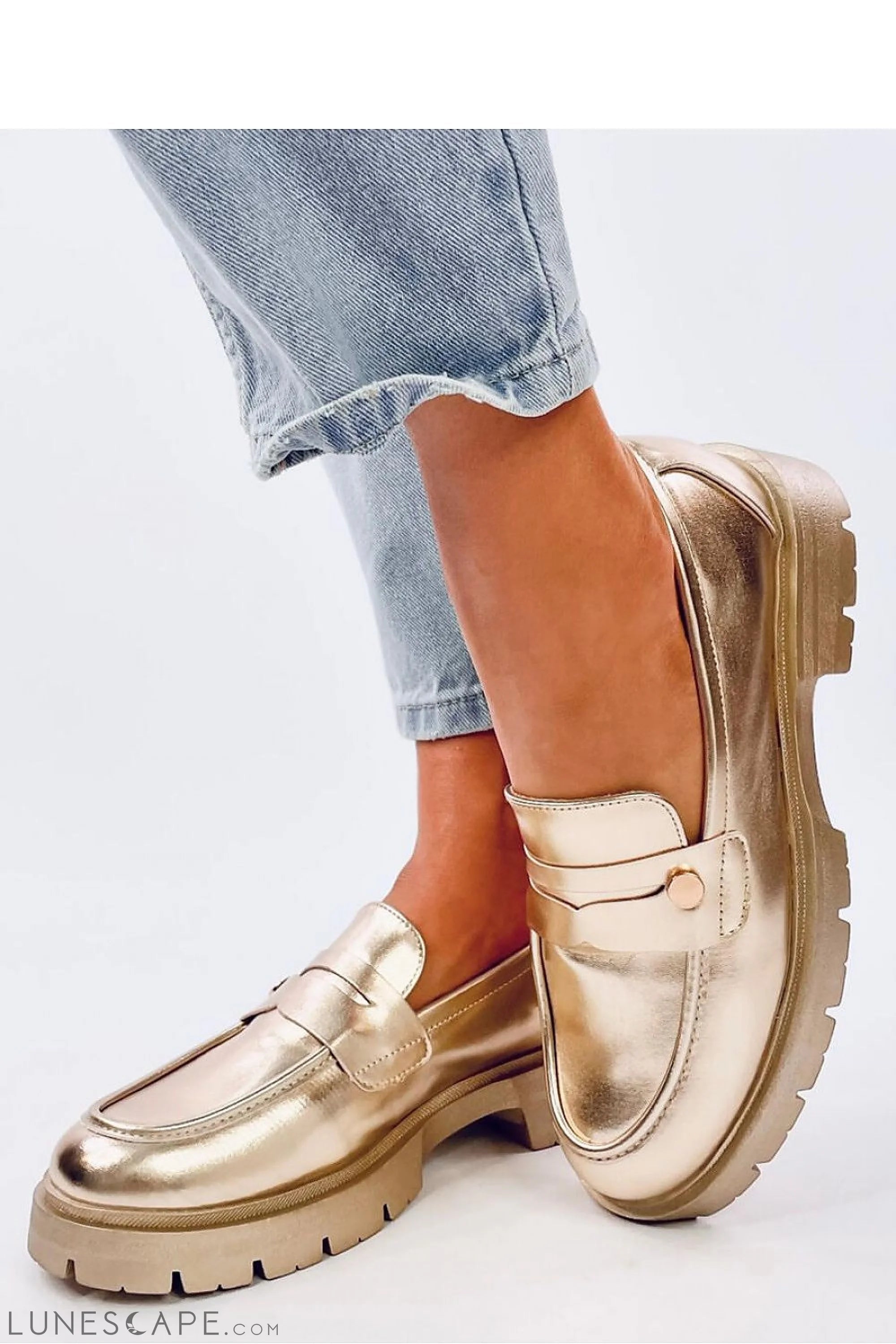 Metallic Gold Eco-Leather Loafers for Women – Lug Sole Slip-On Shoes LUNESCAPE