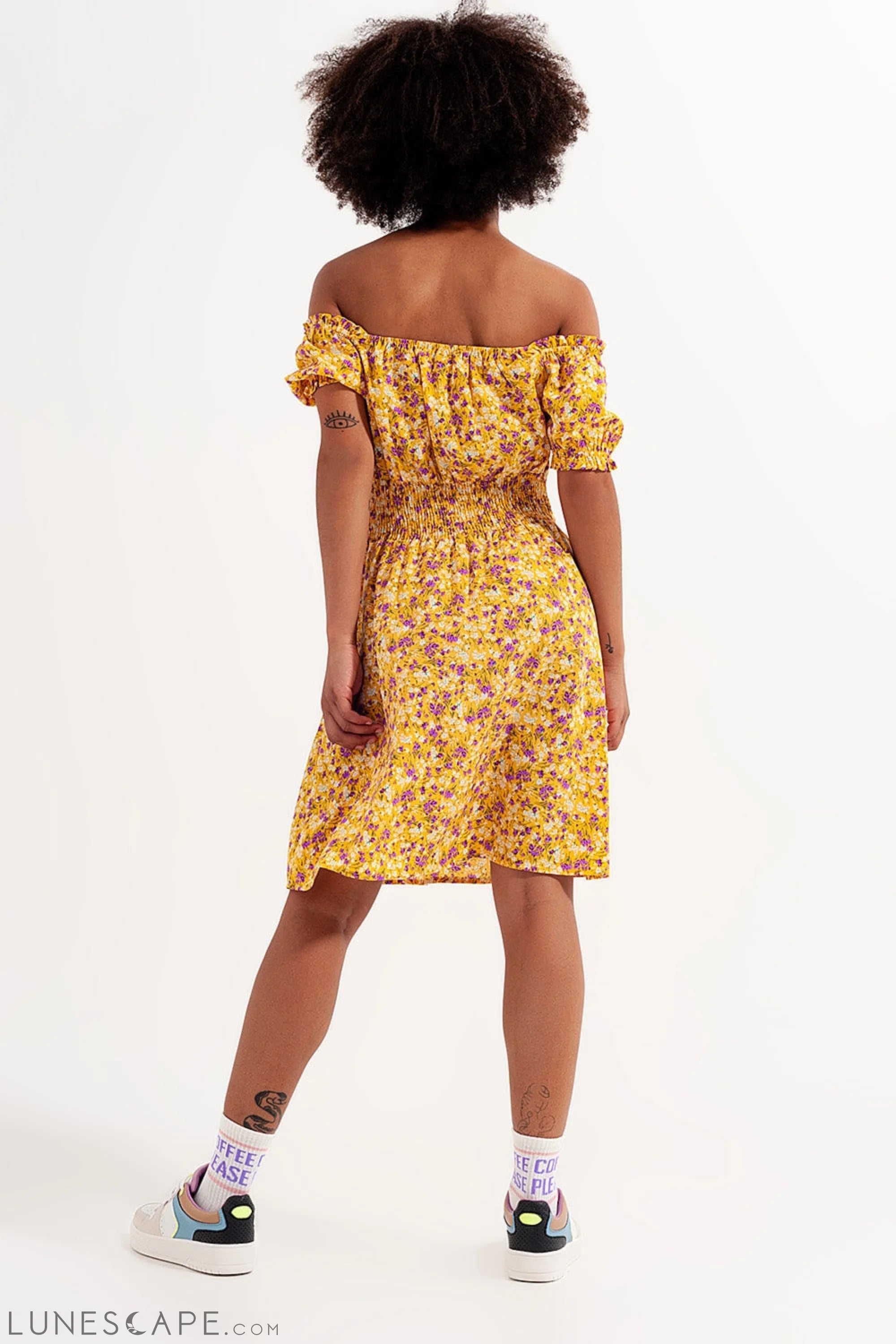 Mini Dress With Shirred Detail in Yellow Ditsy Floral Print LUNESCAPE