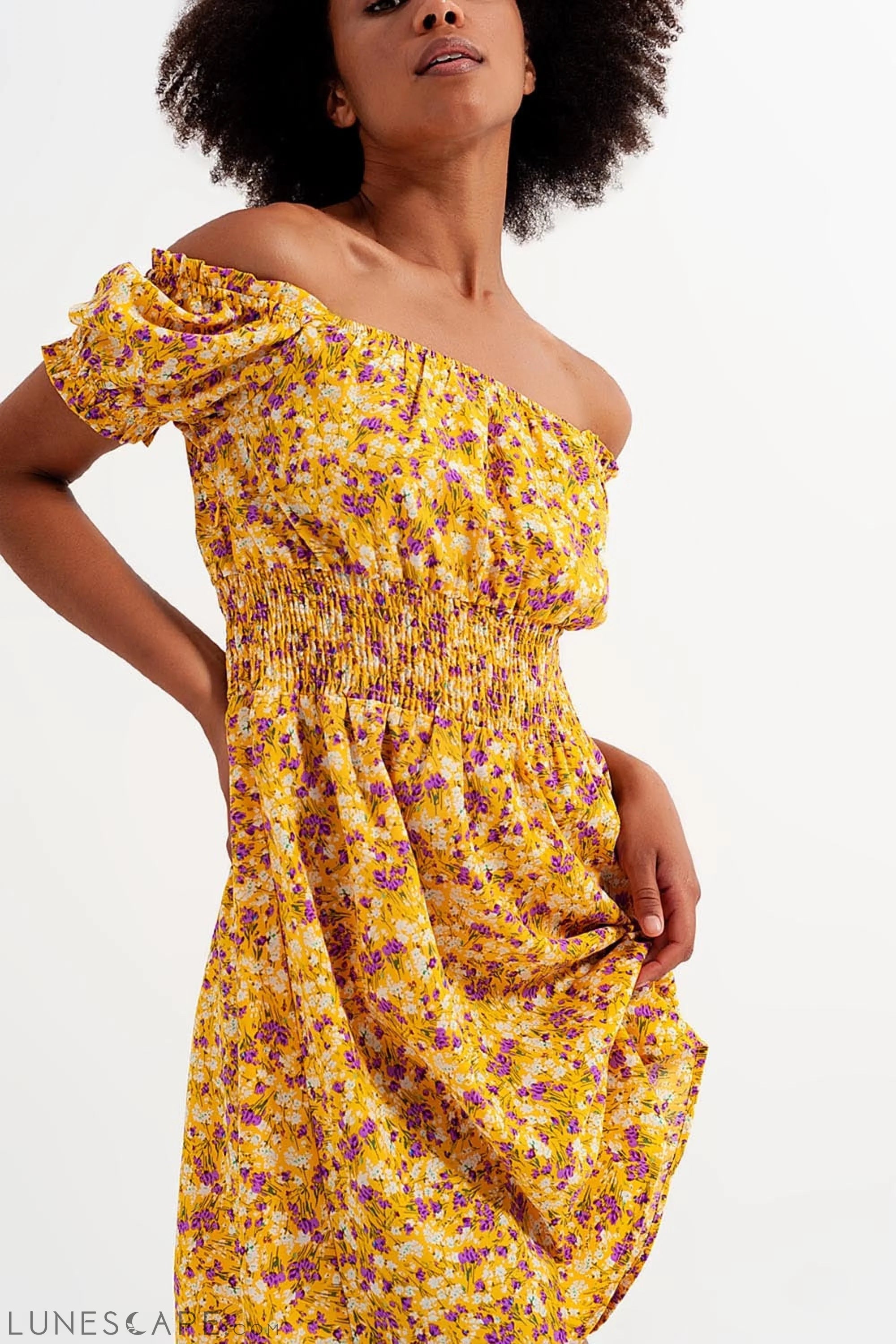 Mini Dress With Shirred Detail in Yellow Ditsy Floral Print LUNESCAPE