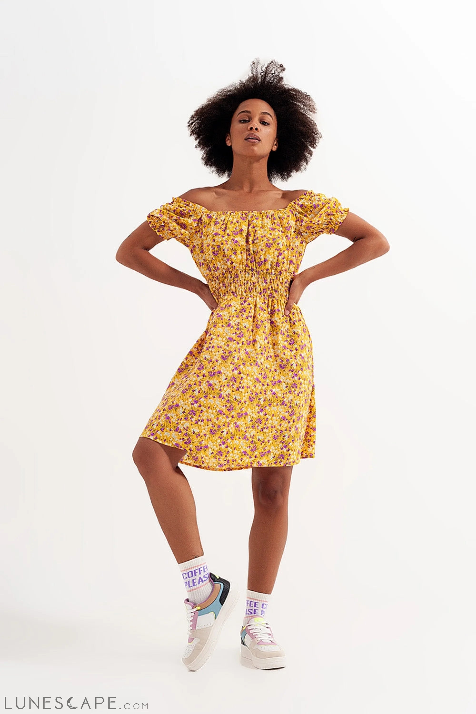 Mini Dress With Shirred Detail in Yellow Ditsy Floral Print LUNESCAPE