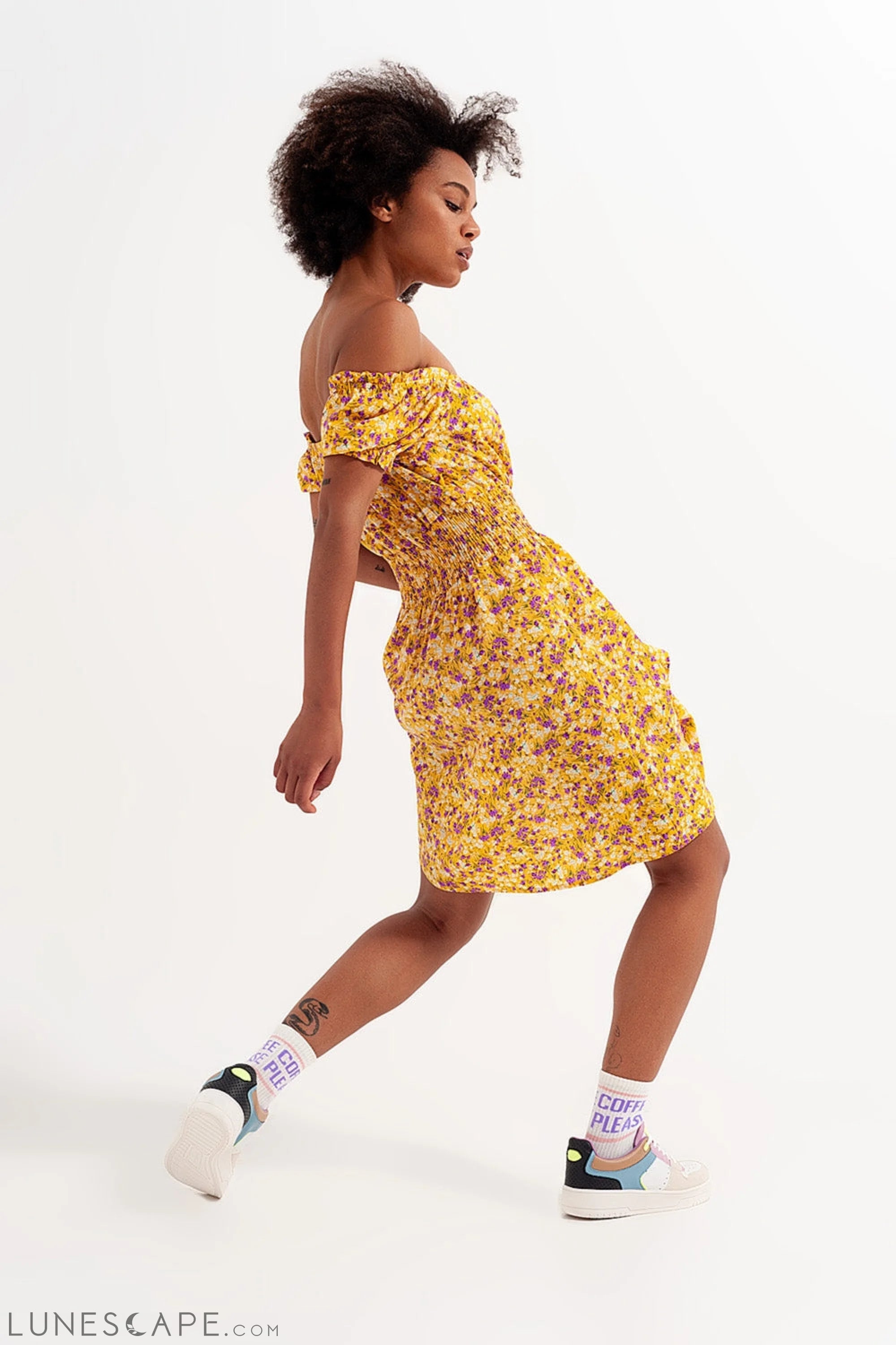 Mini Dress With Shirred Detail in Yellow Ditsy Floral Print LUNESCAPE