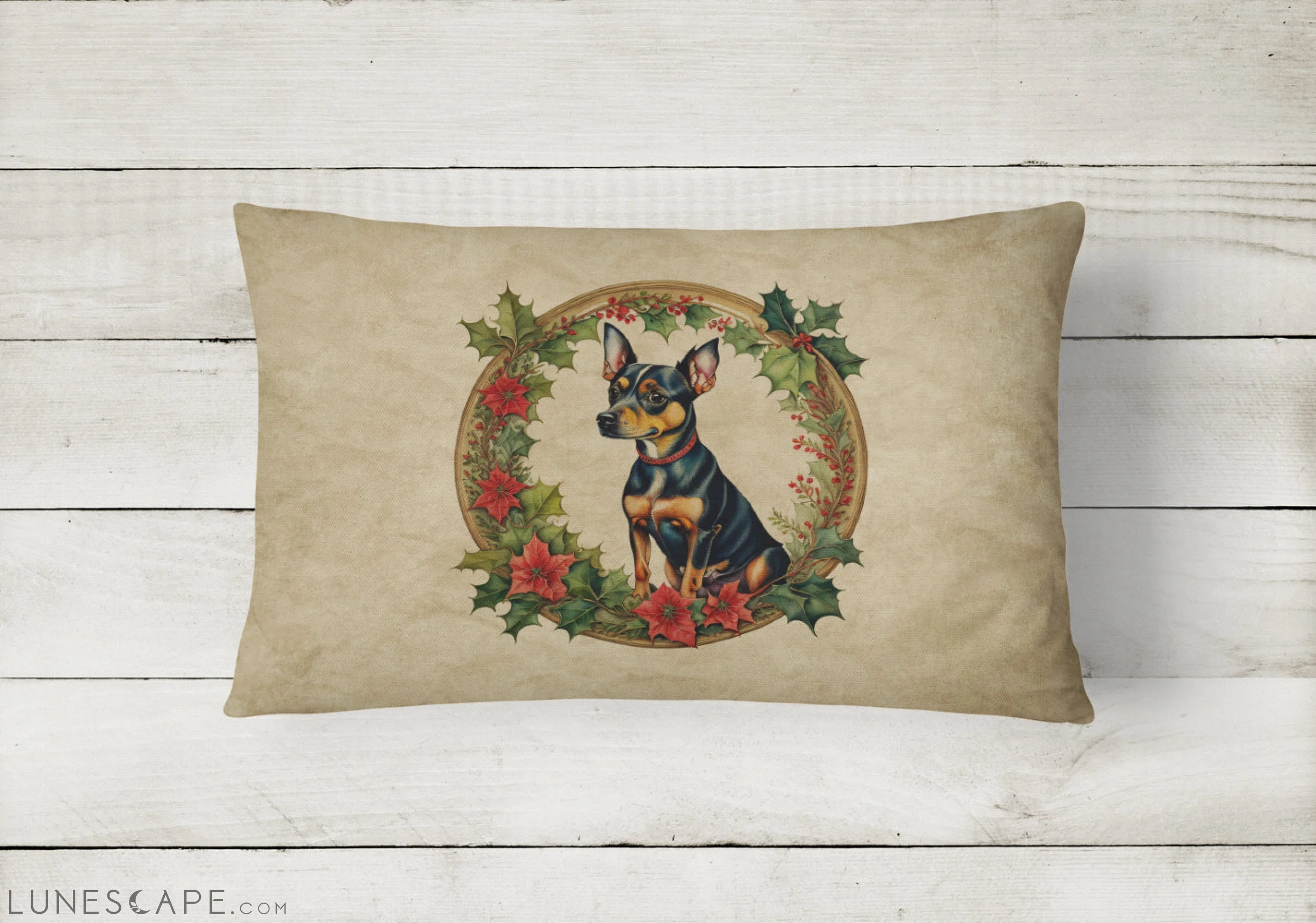 Miniature Pinscher Christmas Flowers Throw Pillow LUNESCAPE