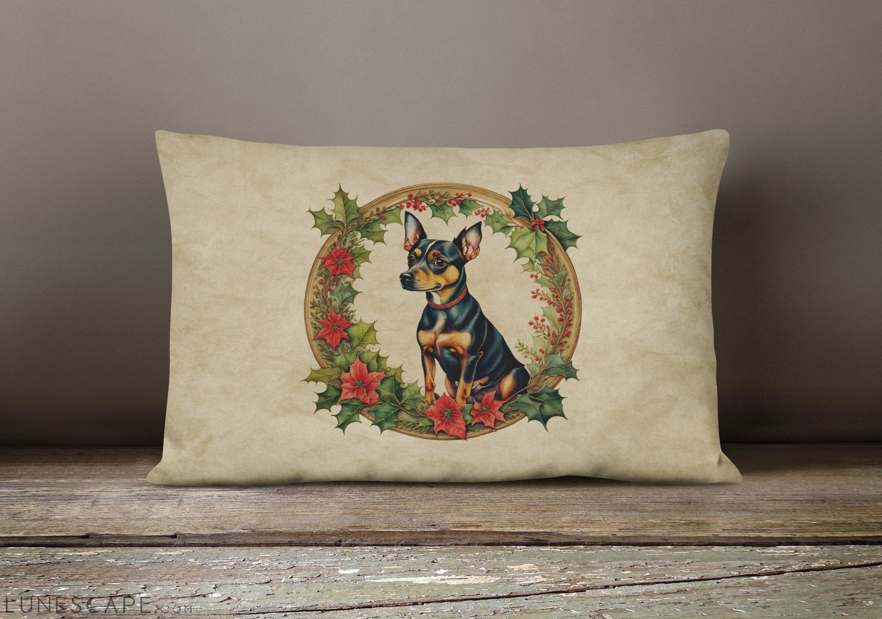 Miniature Pinscher Christmas Flowers Throw Pillow LUNESCAPE