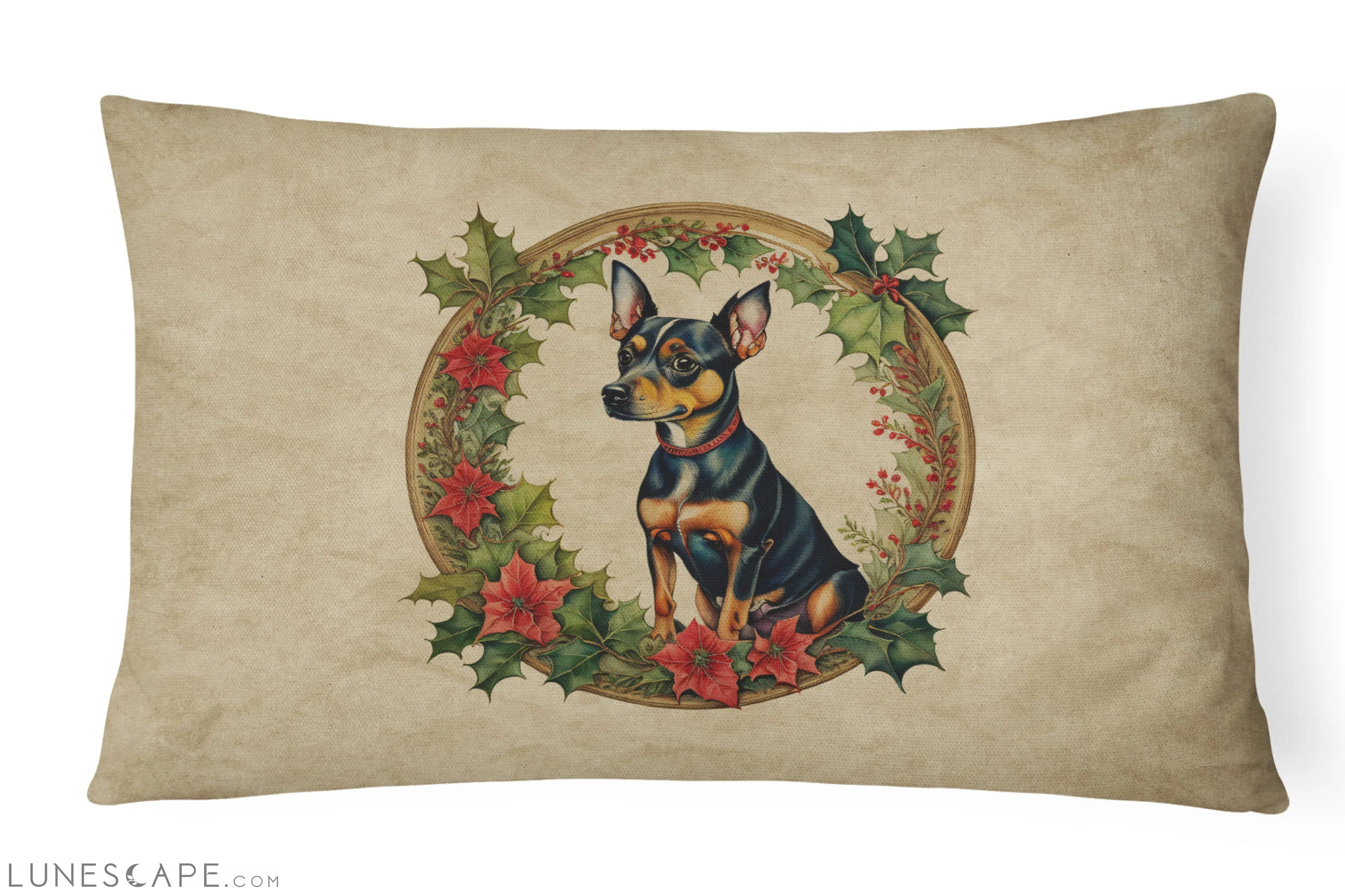 Miniature Pinscher Christmas Flowers Throw Pillow LUNESCAPE