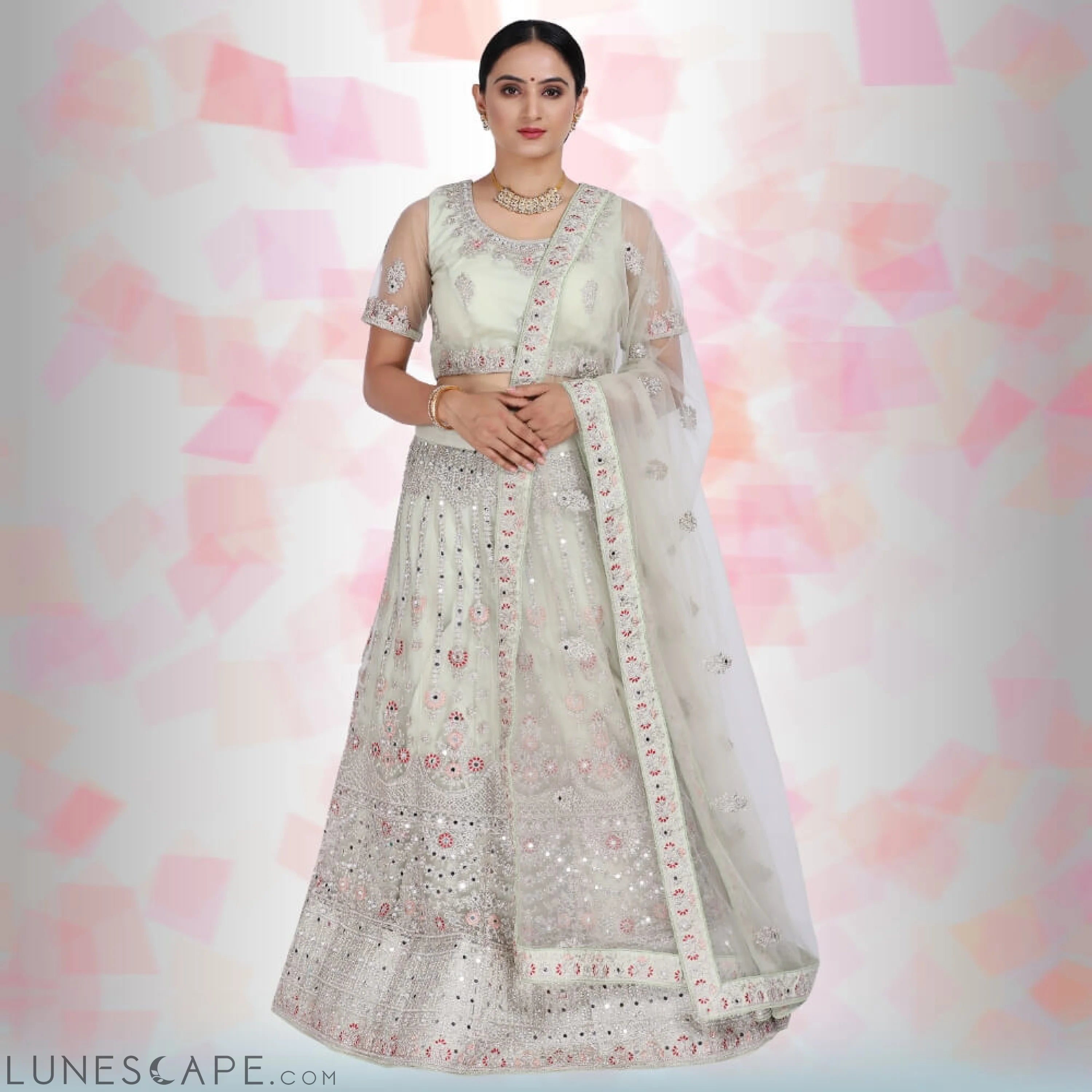 Mirror Work Lehenga Choli - Green LUNESCAPE