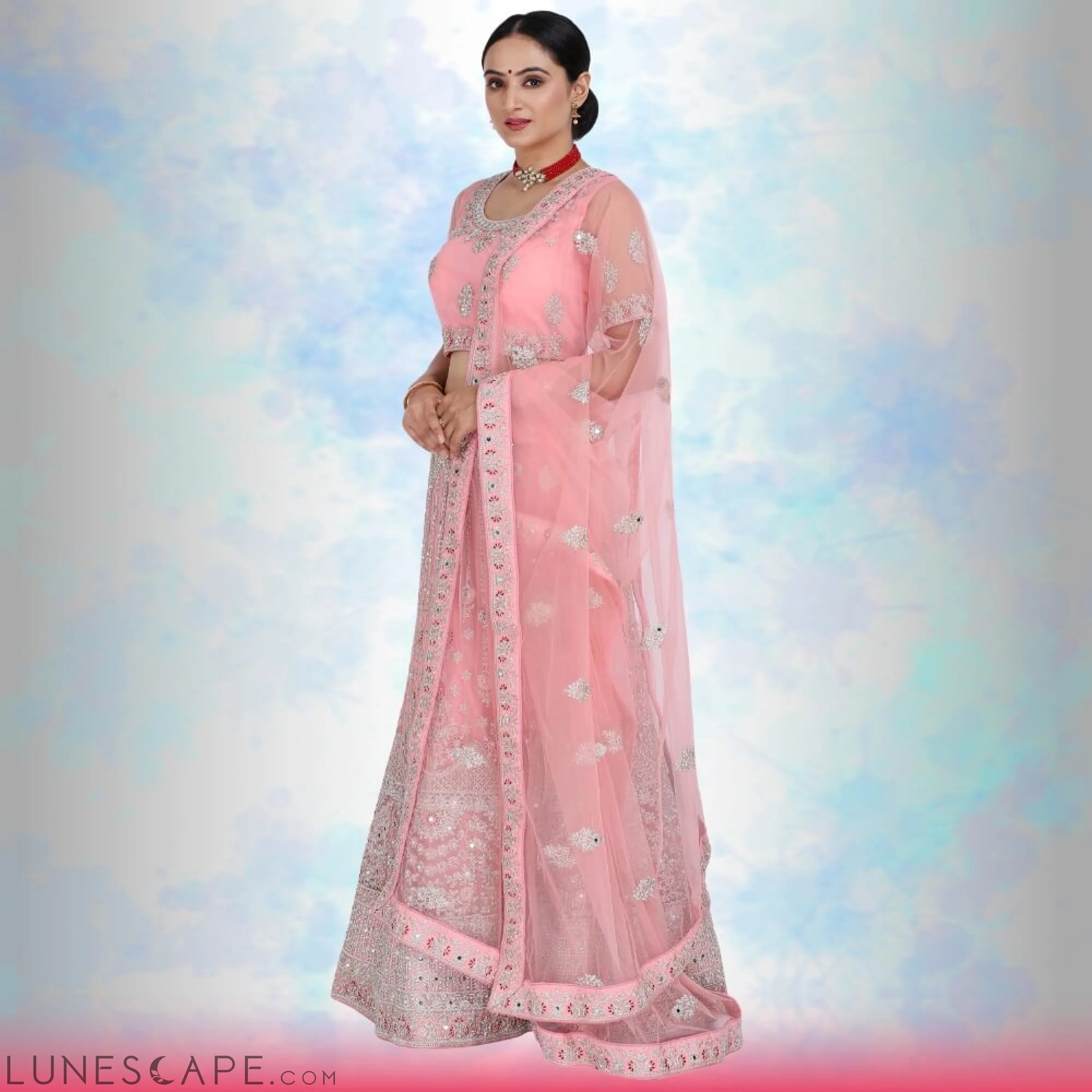 Mirror Work Lehenga Choli - Pink LUNESCAPE