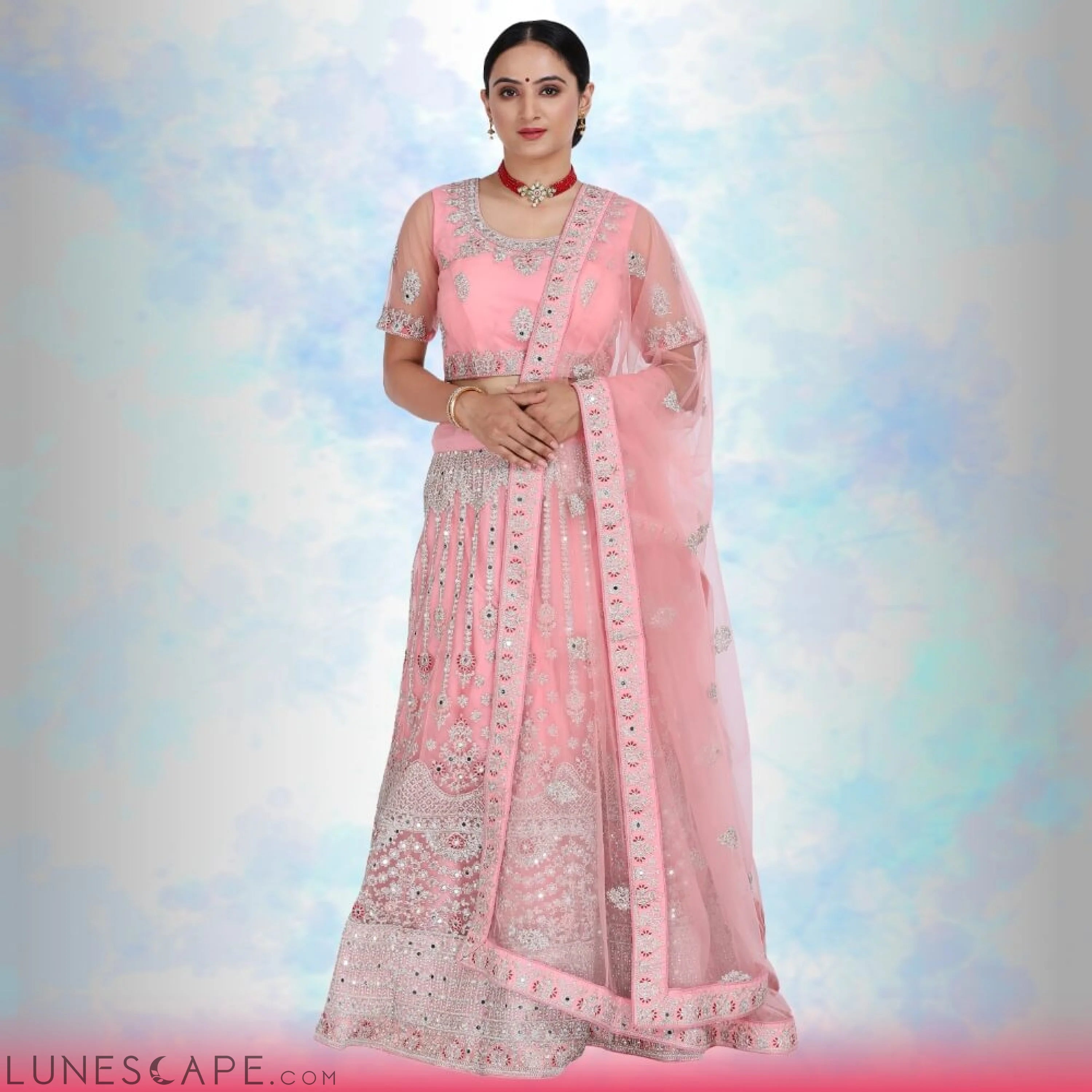 Mirror Work Lehenga Choli - Pink LUNESCAPE