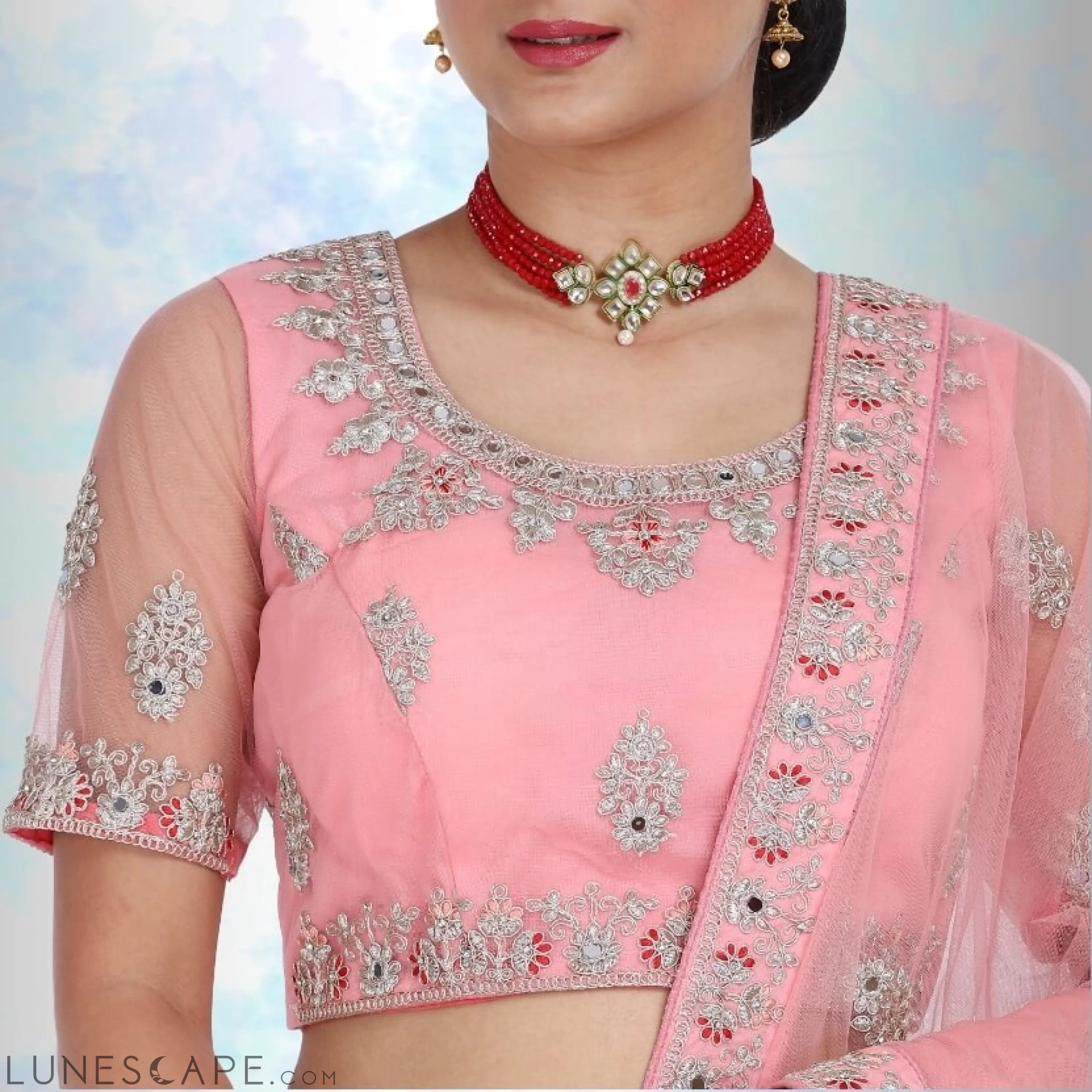 Mirror Work Lehenga Choli - Pink LUNESCAPE