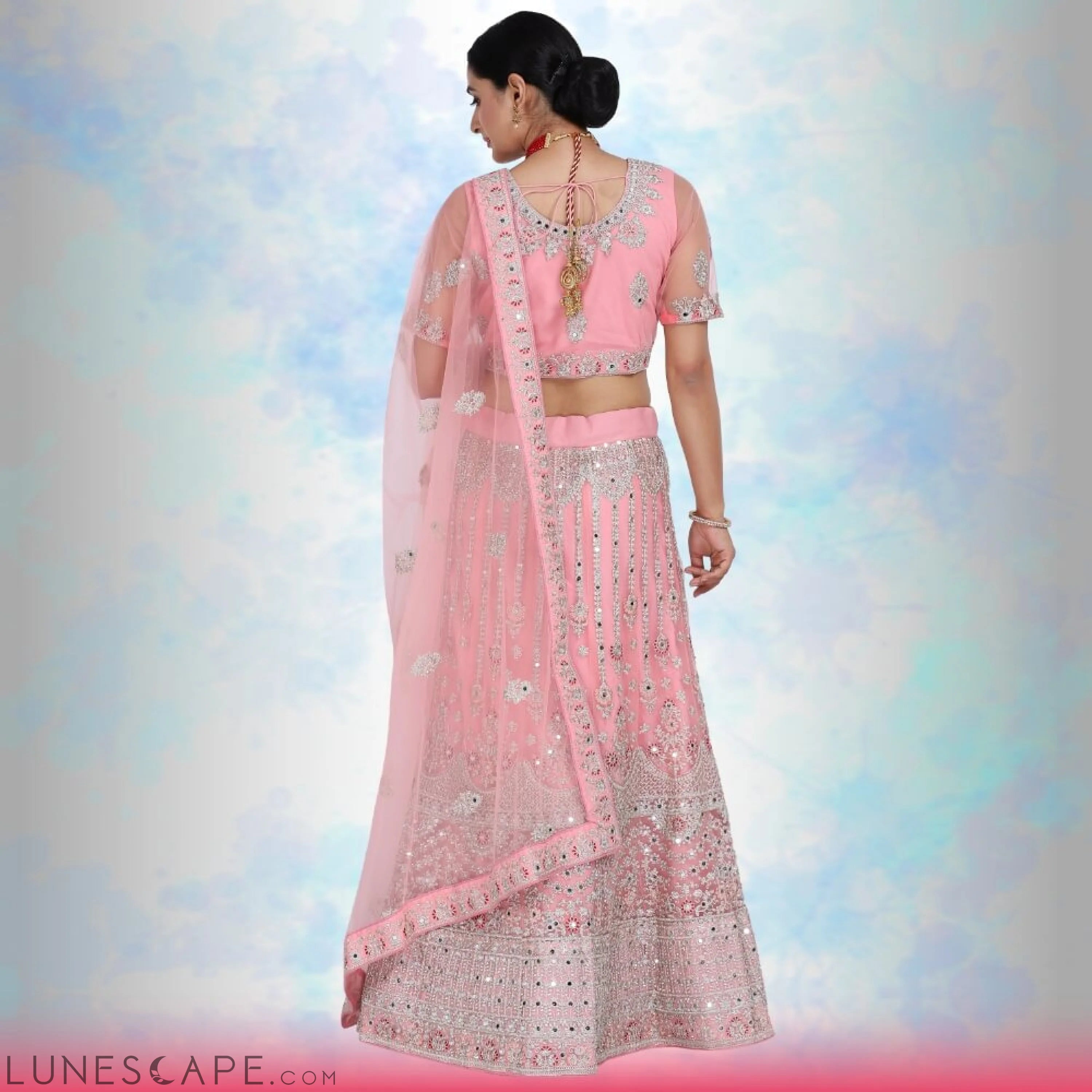 Mirror Work Lehenga Choli - Pink LUNESCAPE