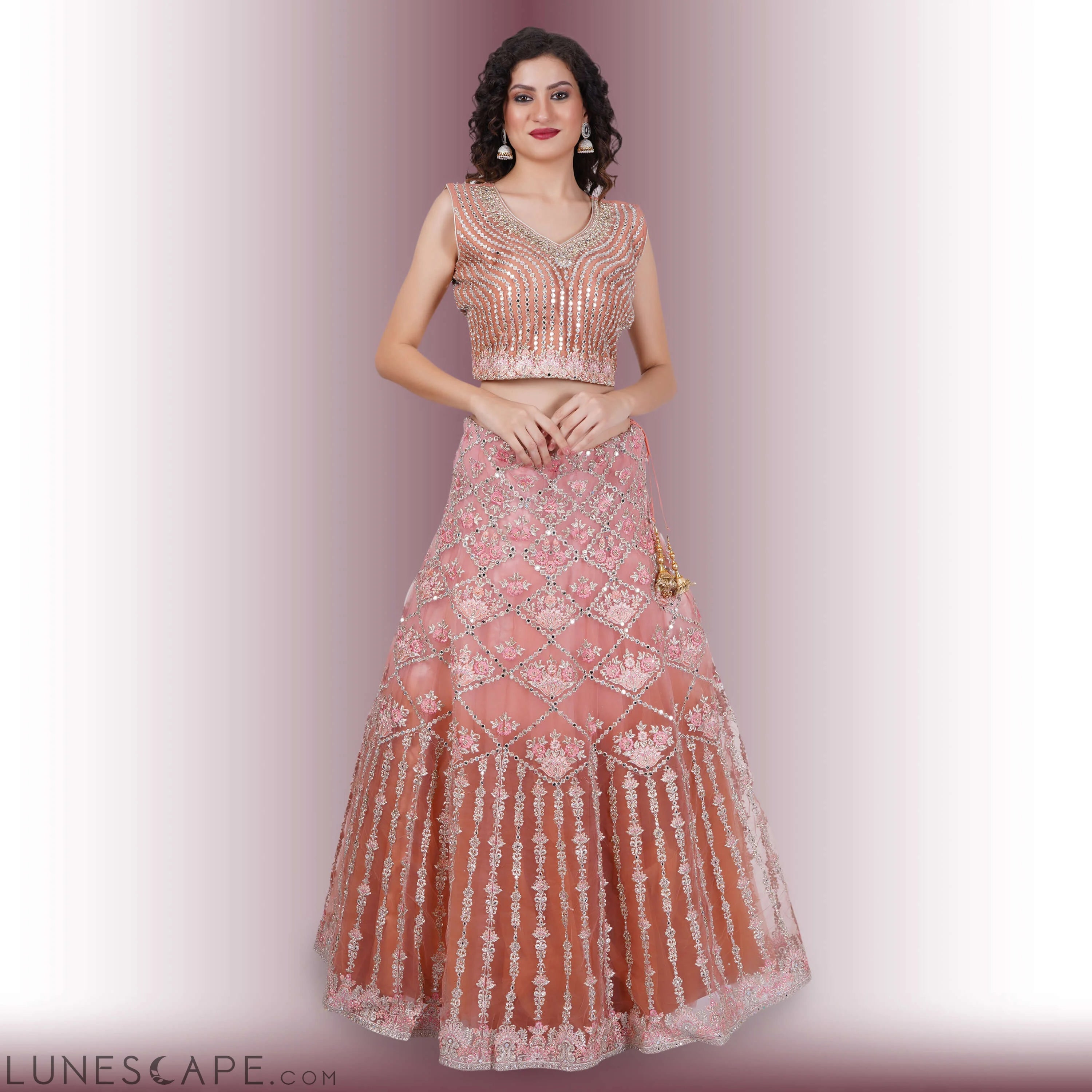 Mirror Work Lehenga in Ombre Biege LUNESCAPE