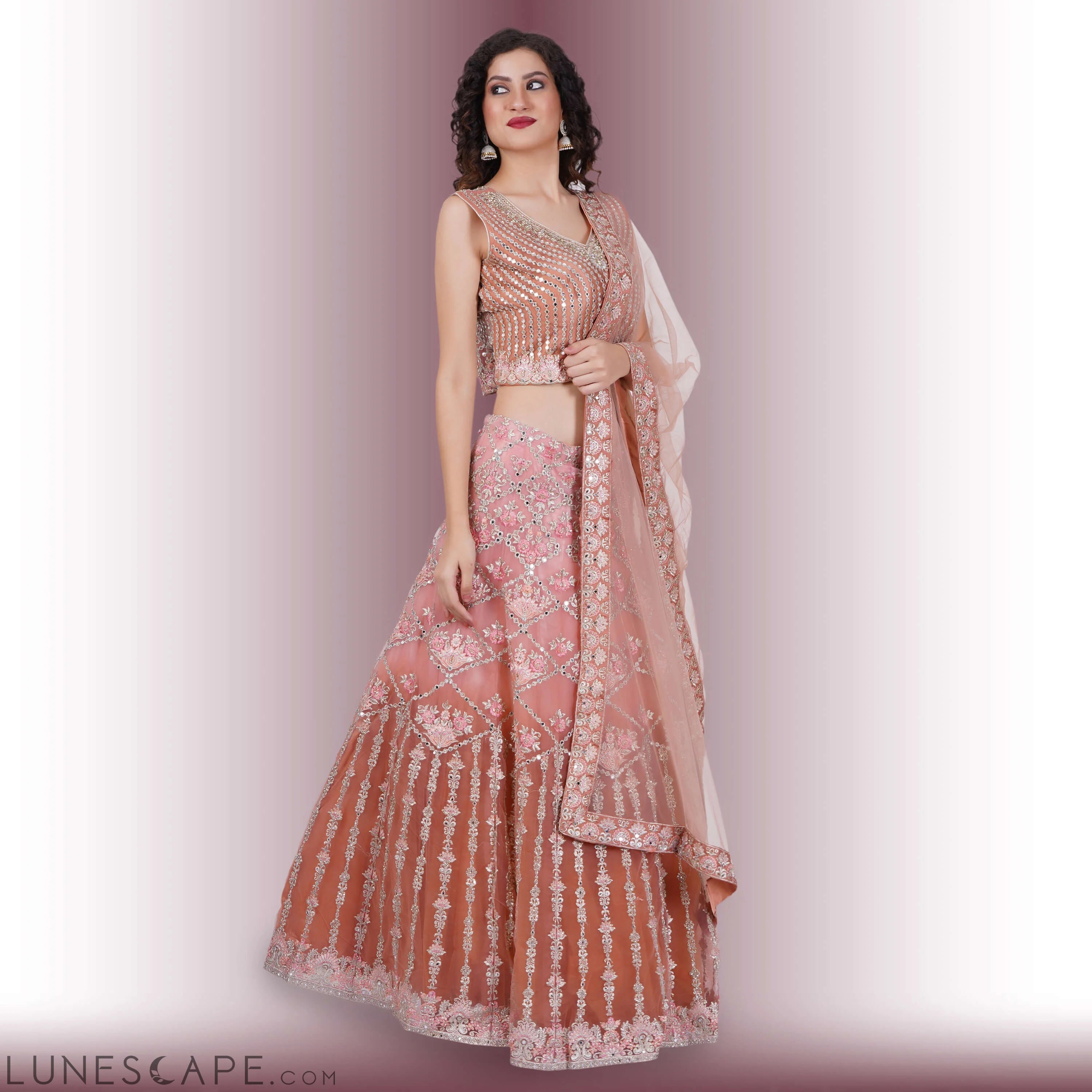 Mirror Work Lehenga in Ombre Biege LUNESCAPE
