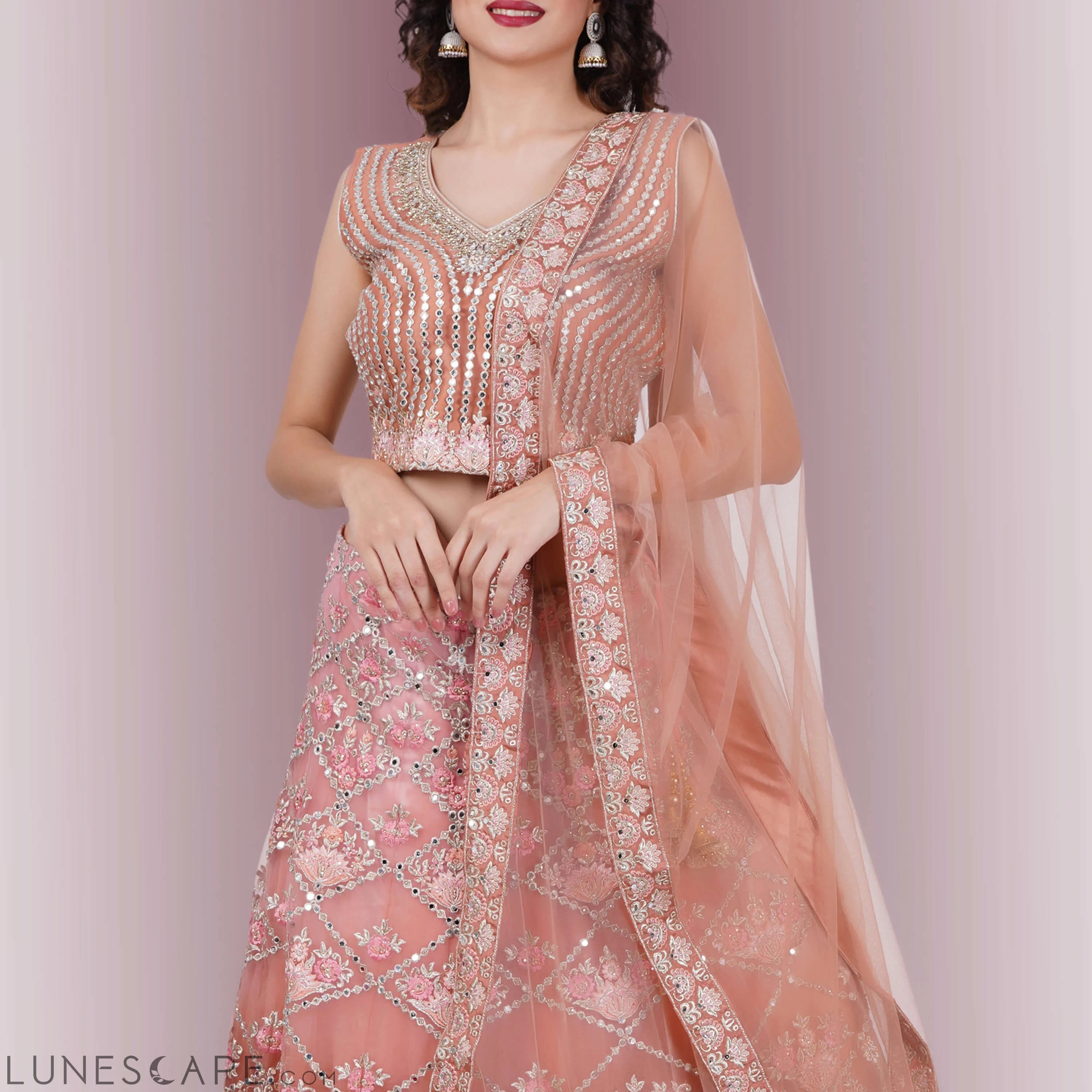 Mirror Work Lehenga in Ombre Biege LUNESCAPE