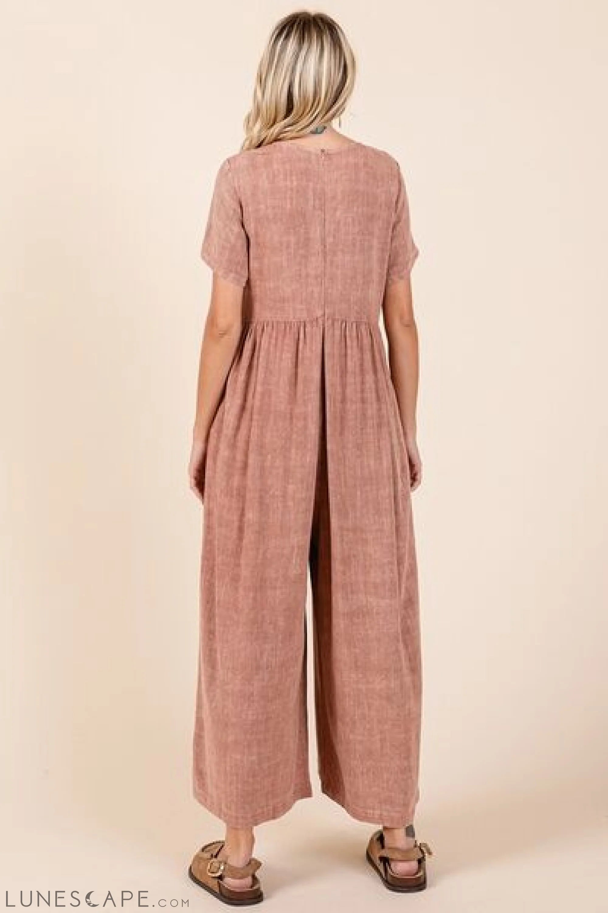 Mittoshop Mineral Wash Jumpsuit - Short Sleeve Flowy Wide Leg Design LUNESCAPE