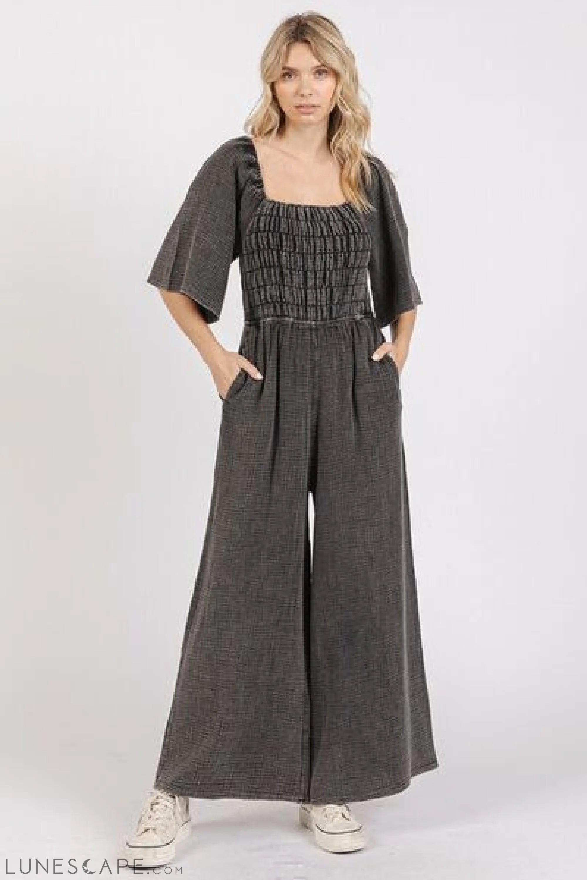 Mittoshop Mineral Wash Wide Leg Jumpsuit - Gauze Ruched Style LUNESCAPE