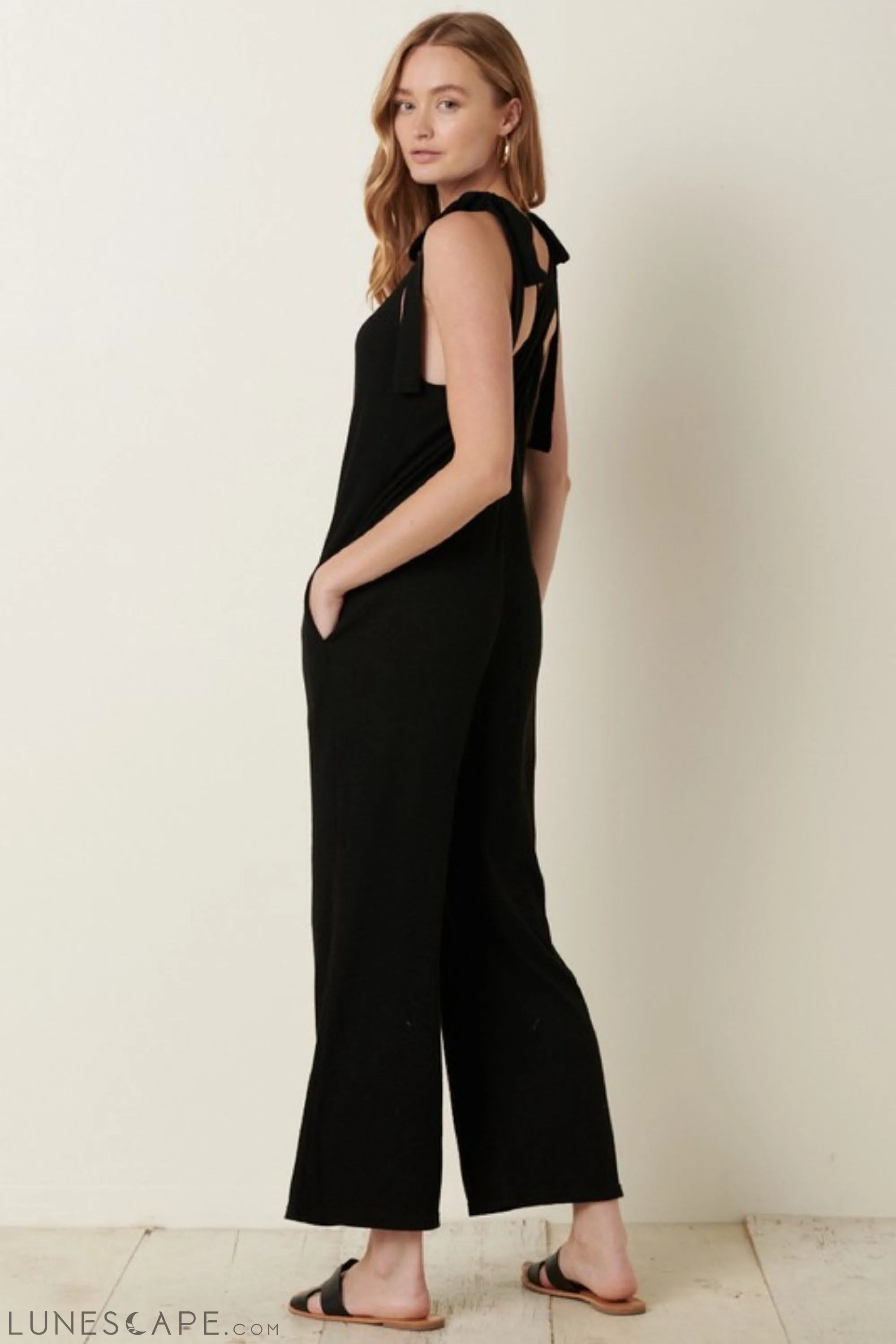 Mittoshop Rib Knit V-Neck Cross Back Jumpsuit LUNESCAPE