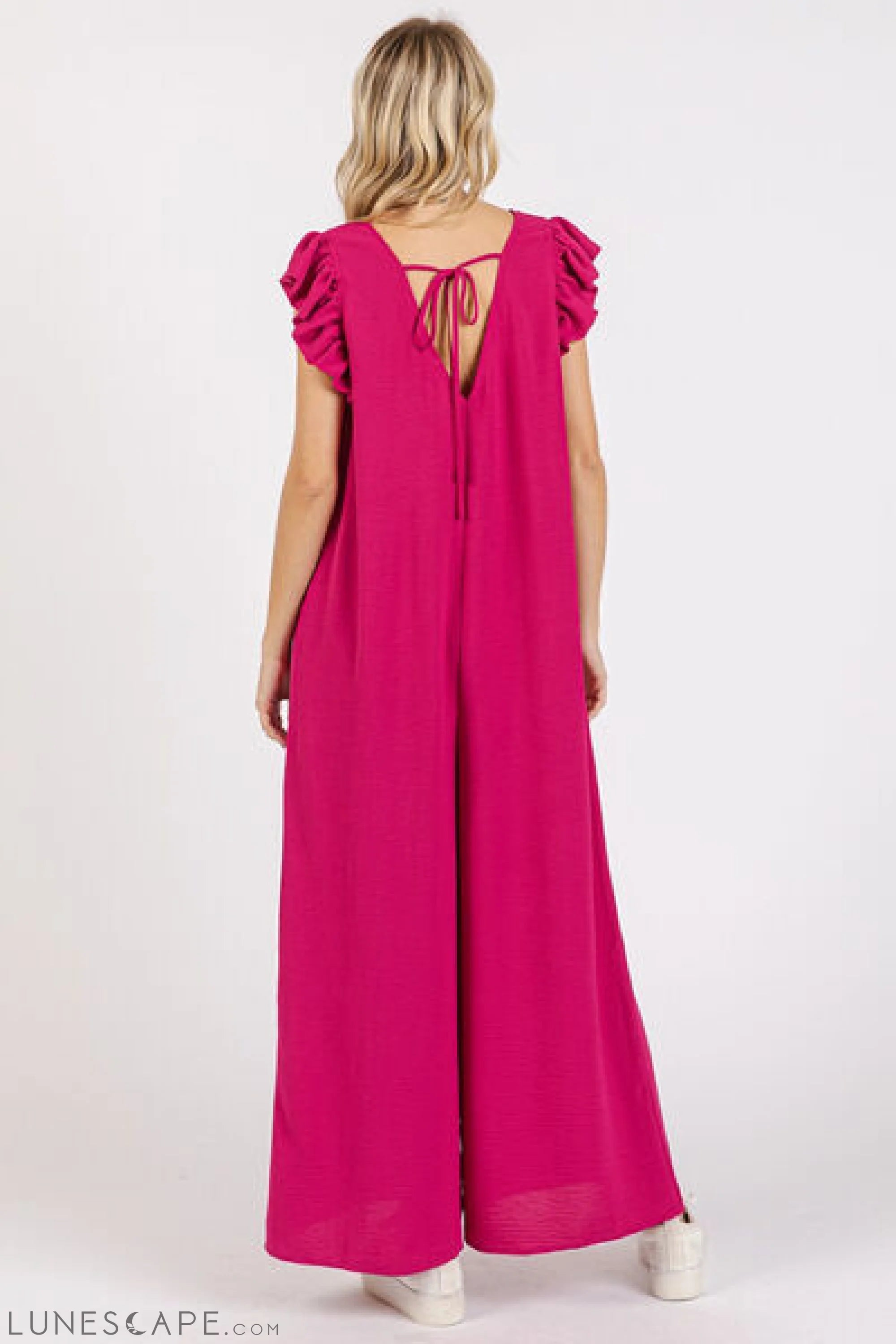 Mittoshop V-Neck Ruffled Cap Sleeve Jumpsuit - Wide Leg Design LUNESCAPE