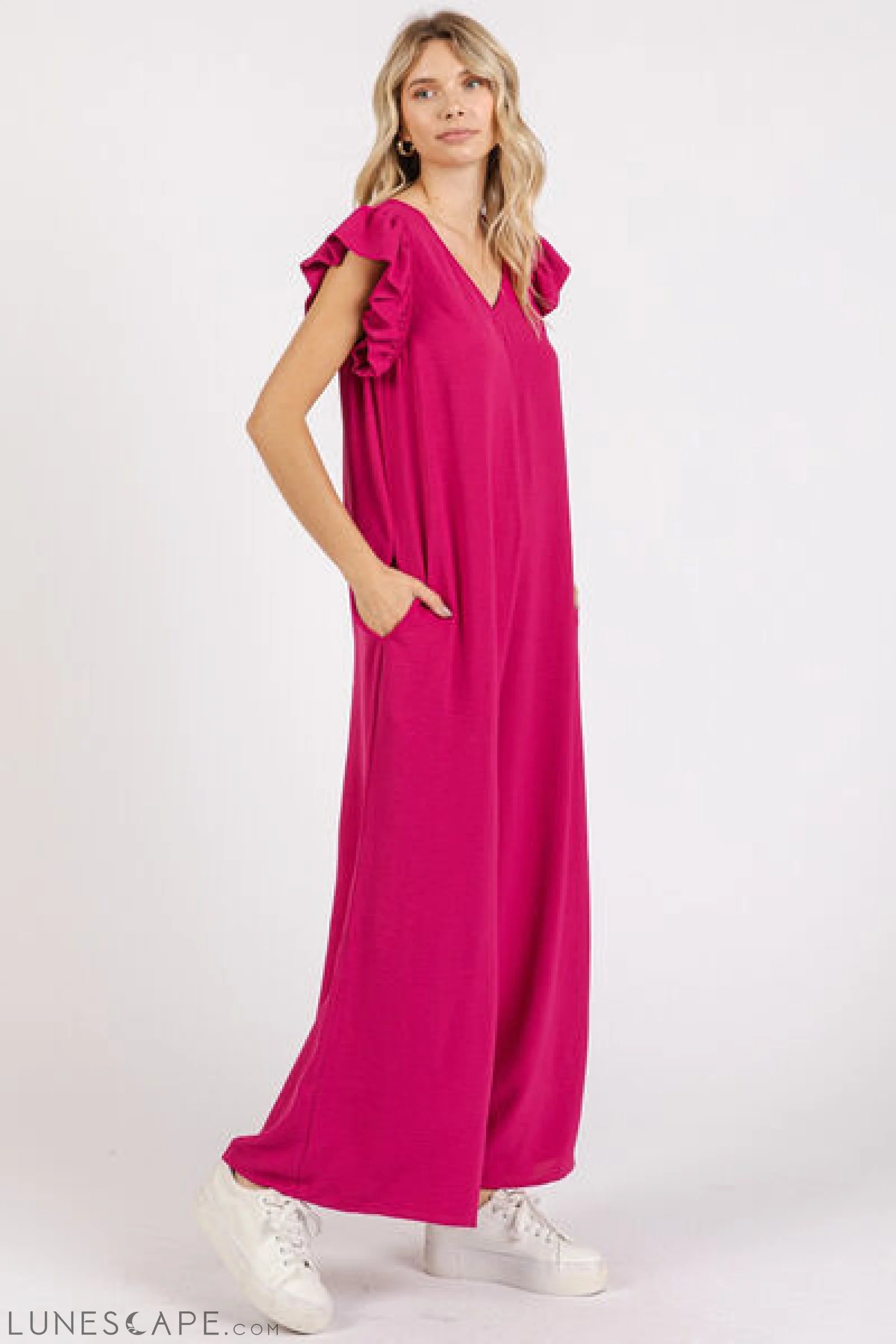Mittoshop V-Neck Ruffled Cap Sleeve Jumpsuit - Wide Leg Design LUNESCAPE