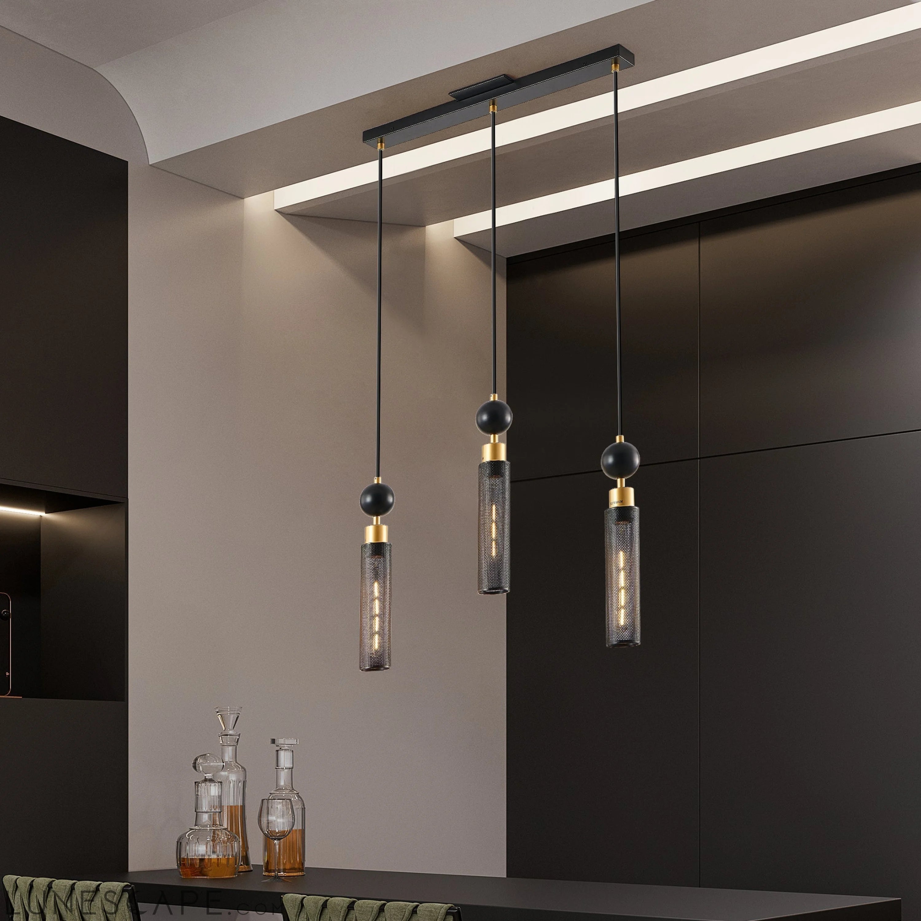 Modern Black and Gold 3-Light Pendant Chandelier, Adjustable LUNESCAPE