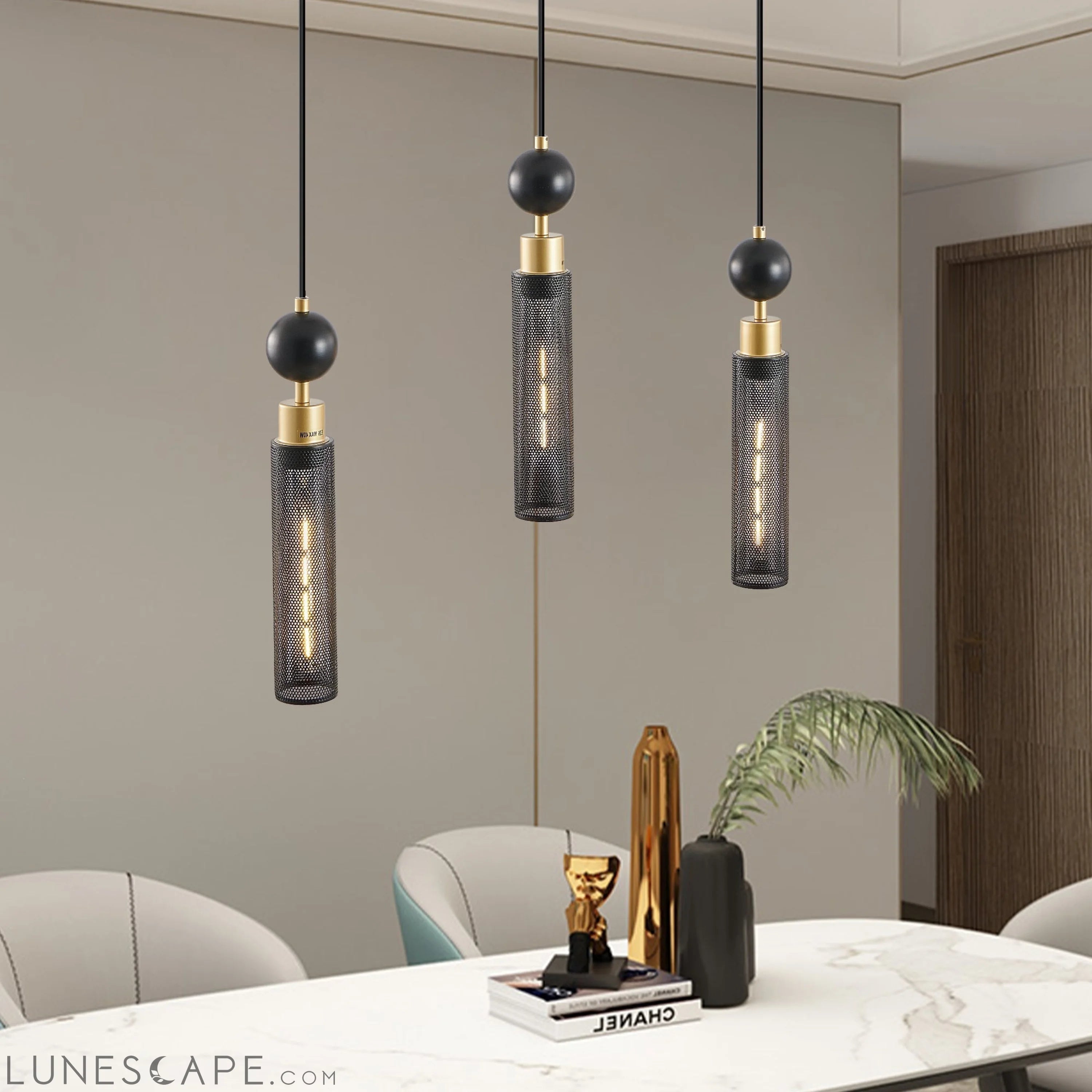 Modern Black and Gold 3-Light Pendant Chandelier, Adjustable LUNESCAPE