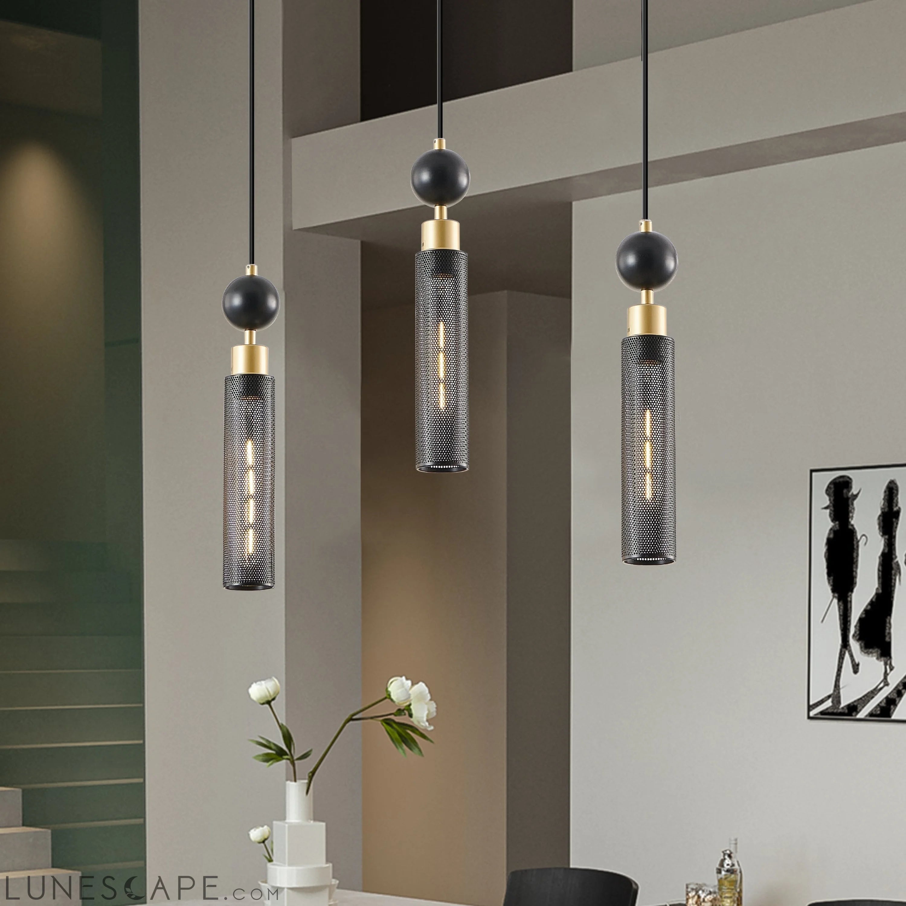 Modern Black and Gold 3-Light Pendant Chandelier, Adjustable LUNESCAPE