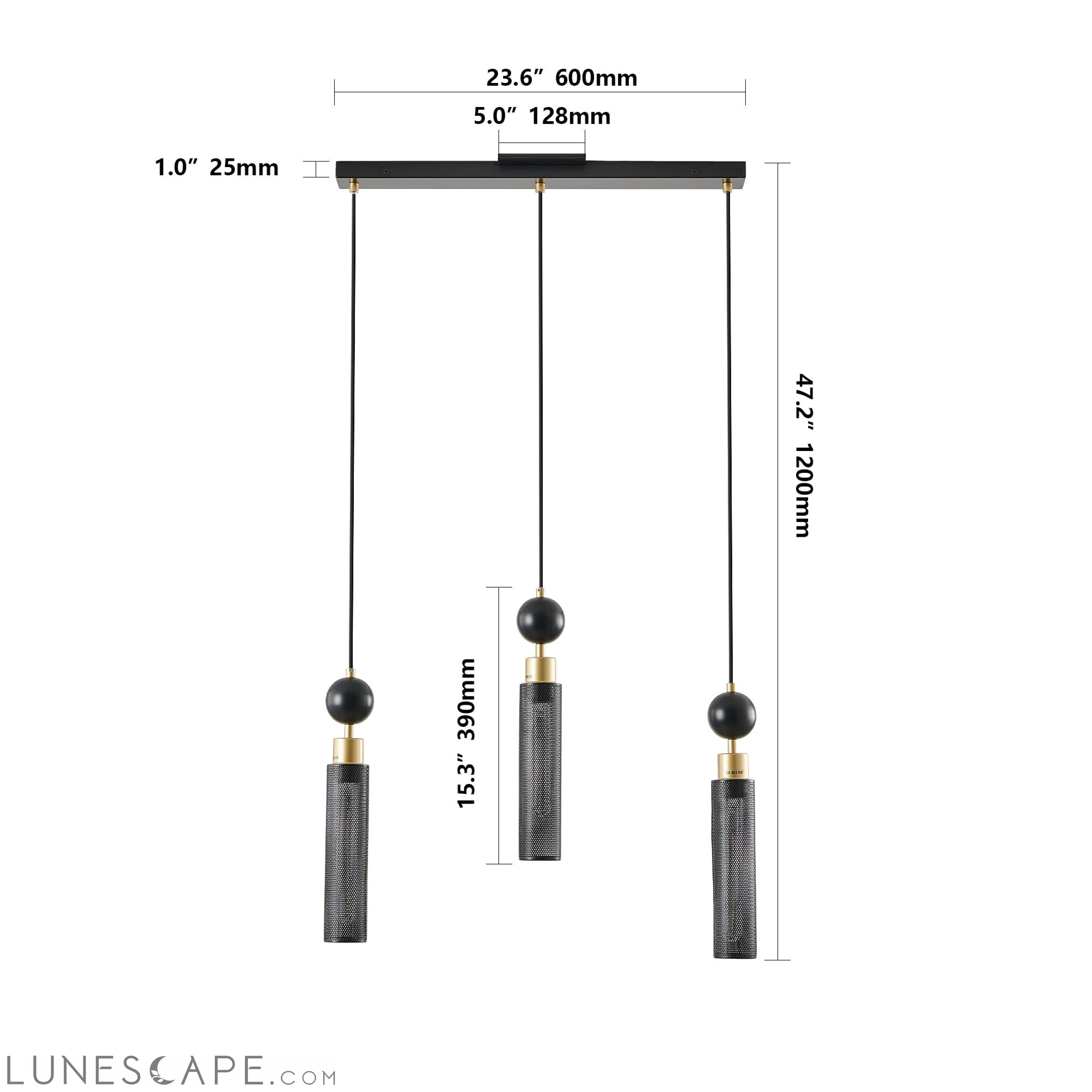 Modern Black and Gold 3-Light Pendant Chandelier, Adjustable LUNESCAPE