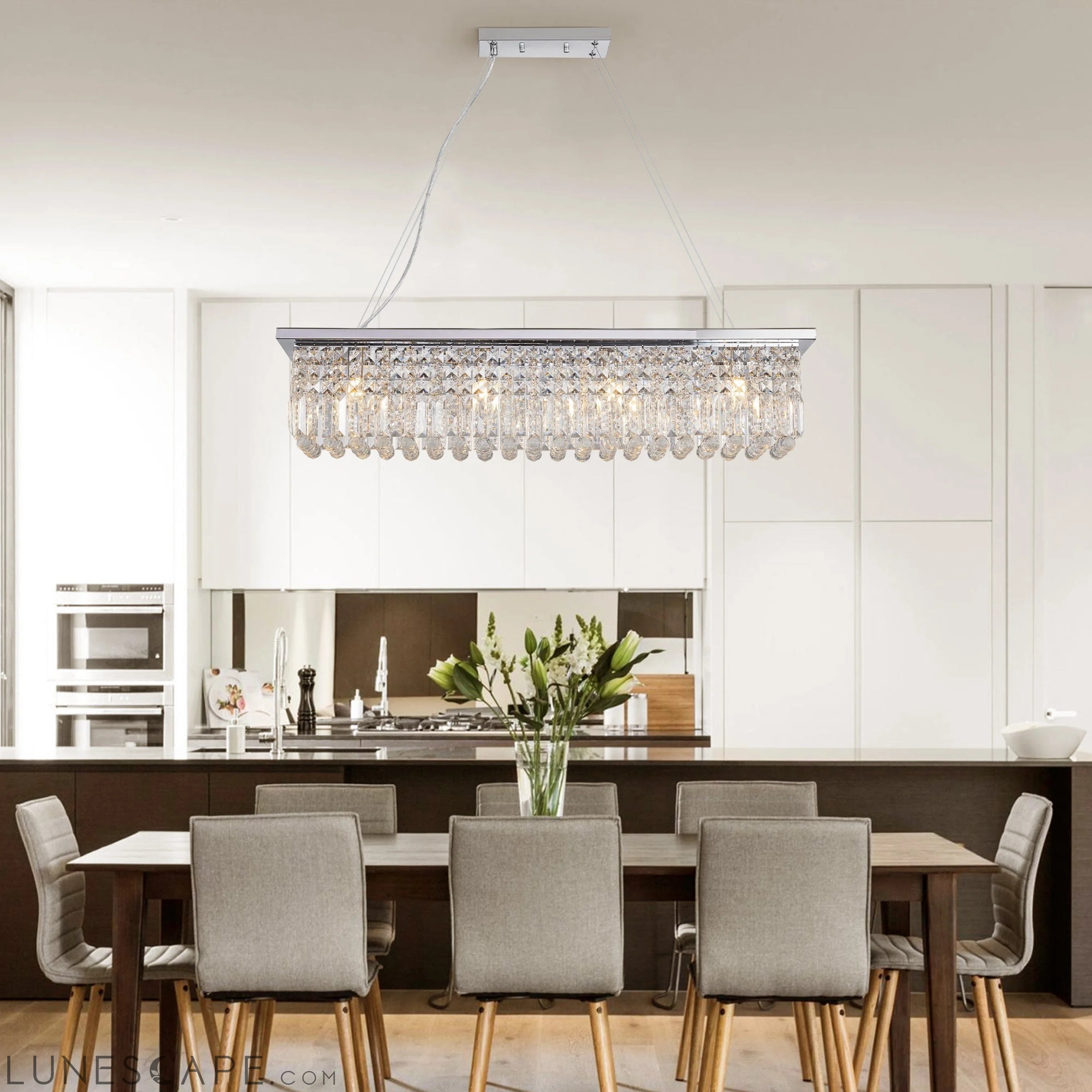 Modern Crystal Chandelier for Dining Room 8-Light White Rectangle LUNESCAPE