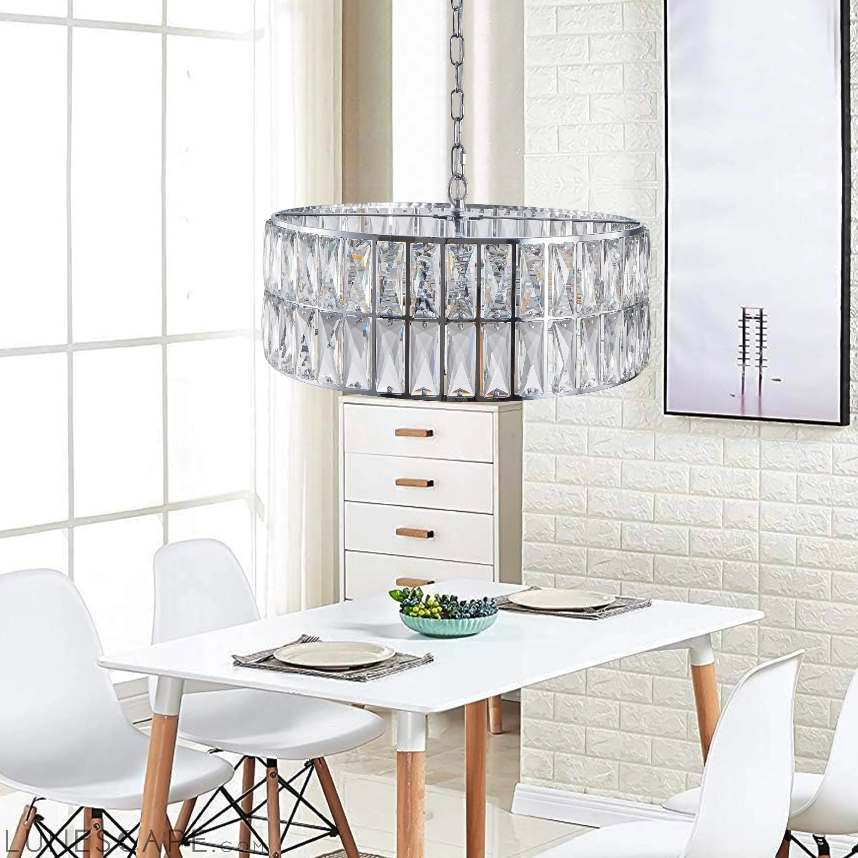 Modern Crystal Drum Chandelier, 6-Light Pendant Lighting Fixture with LUNESCAPE