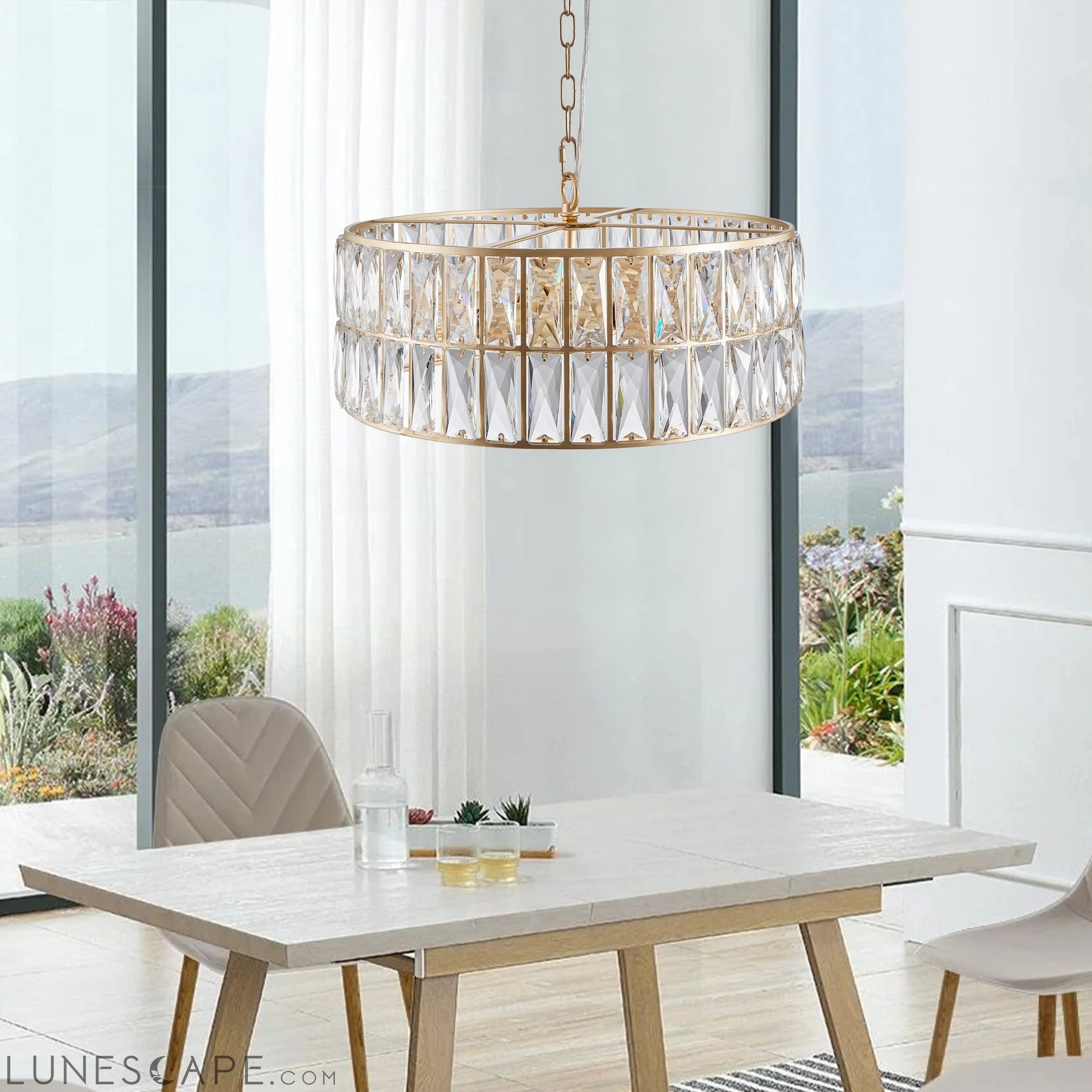 Modern Crystal Drum Chandelier, 6-Light Pendant Lighting Fixture with LUNESCAPE