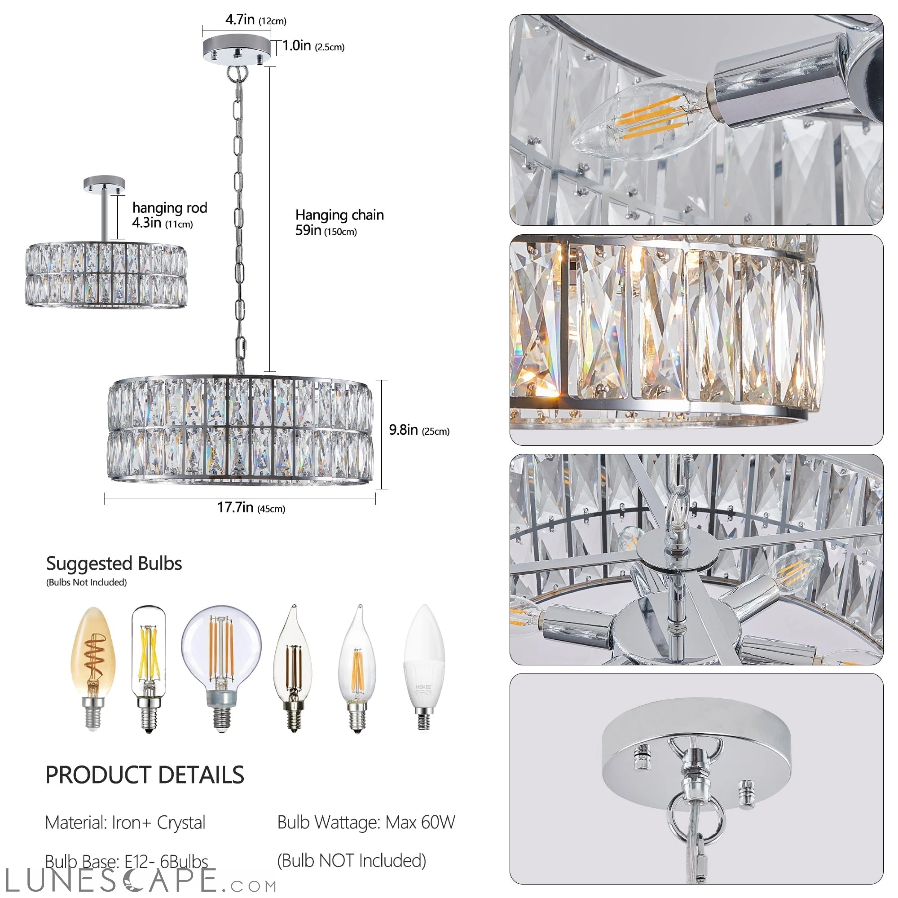 Modern Crystal Drum Chandelier, 6-Light Pendant Lighting Fixture with LUNESCAPE