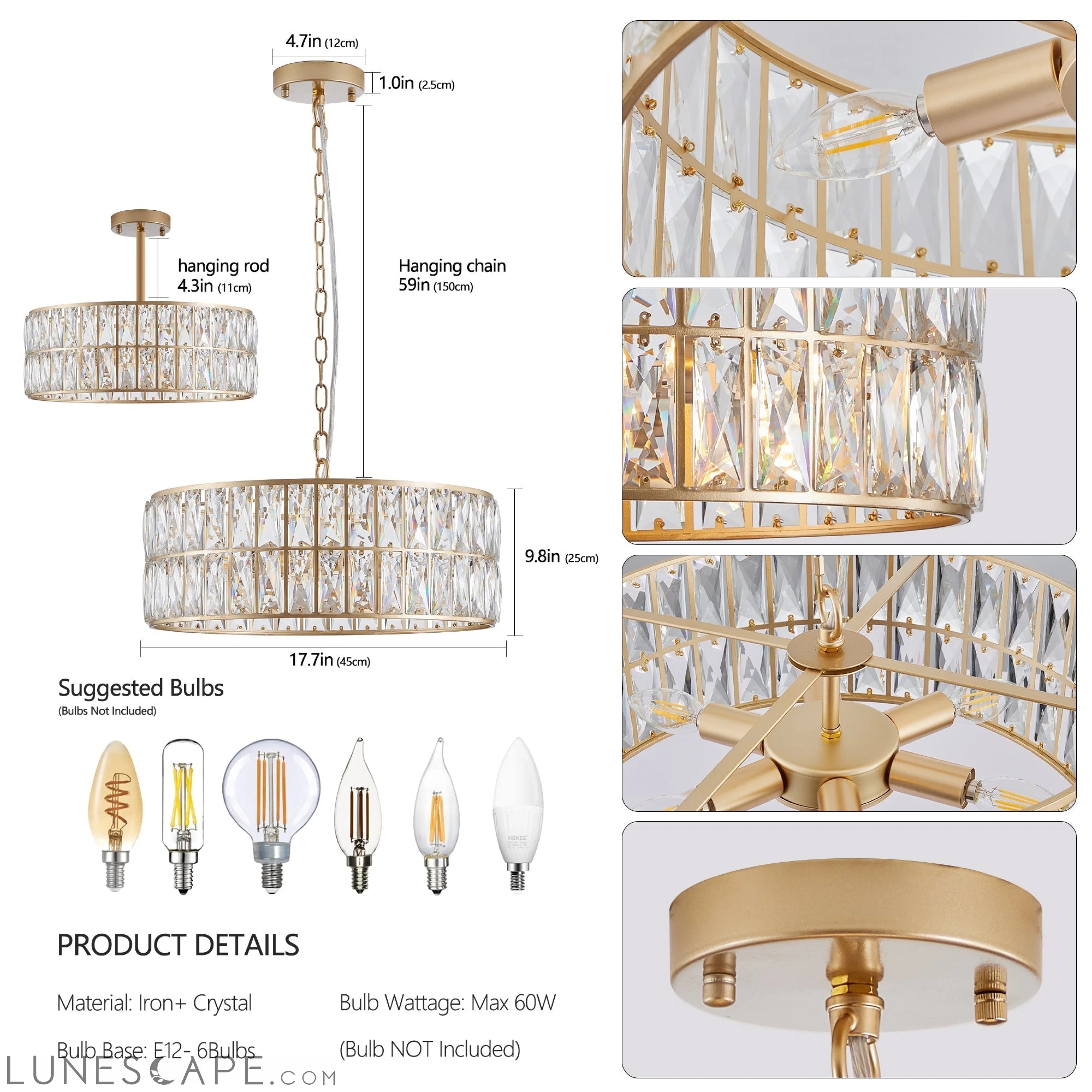 Modern Crystal Drum Chandelier, 6-Light Pendant Lighting Fixture with LUNESCAPE