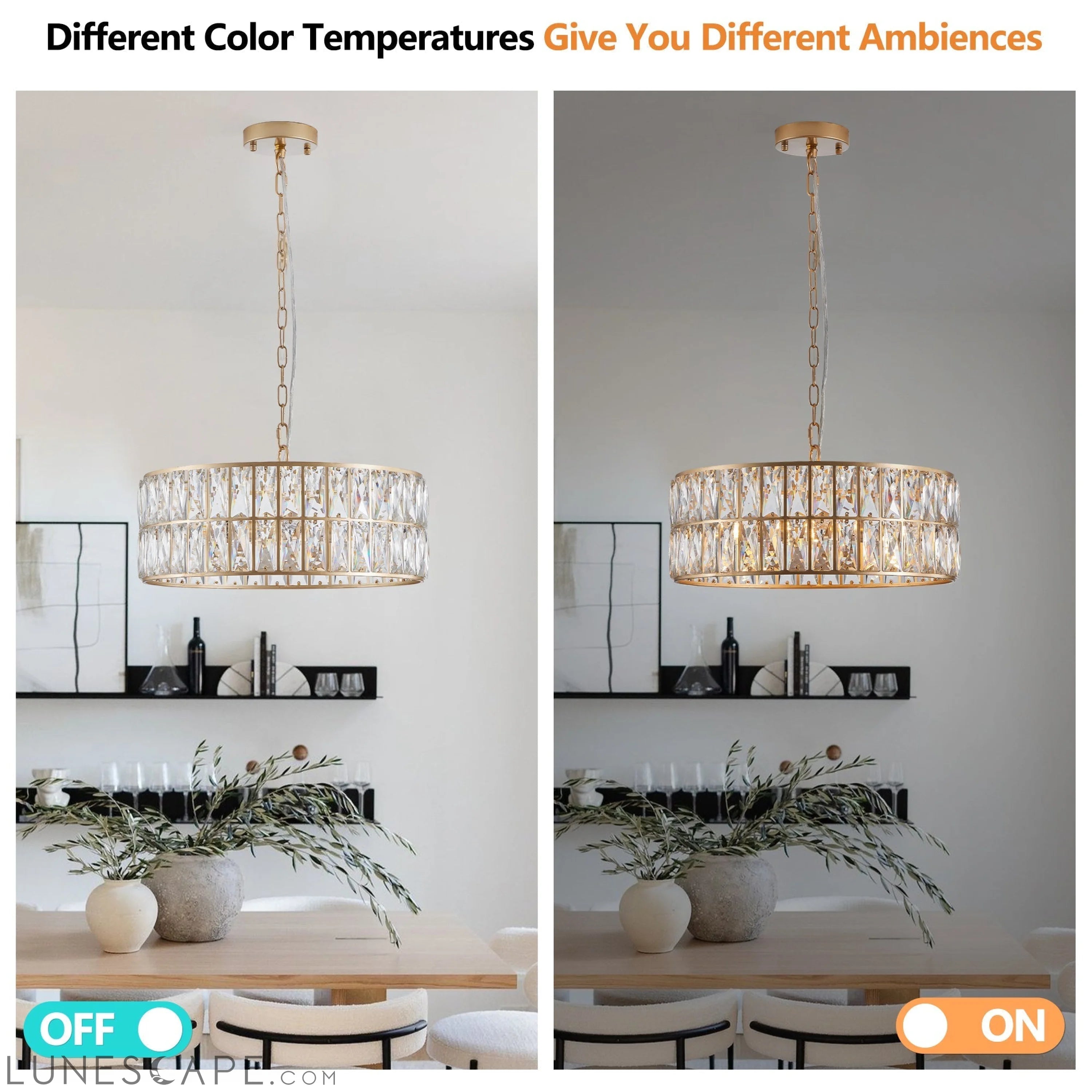 Modern Crystal Drum Chandelier, 6-Light Pendant Lighting Fixture with LUNESCAPE