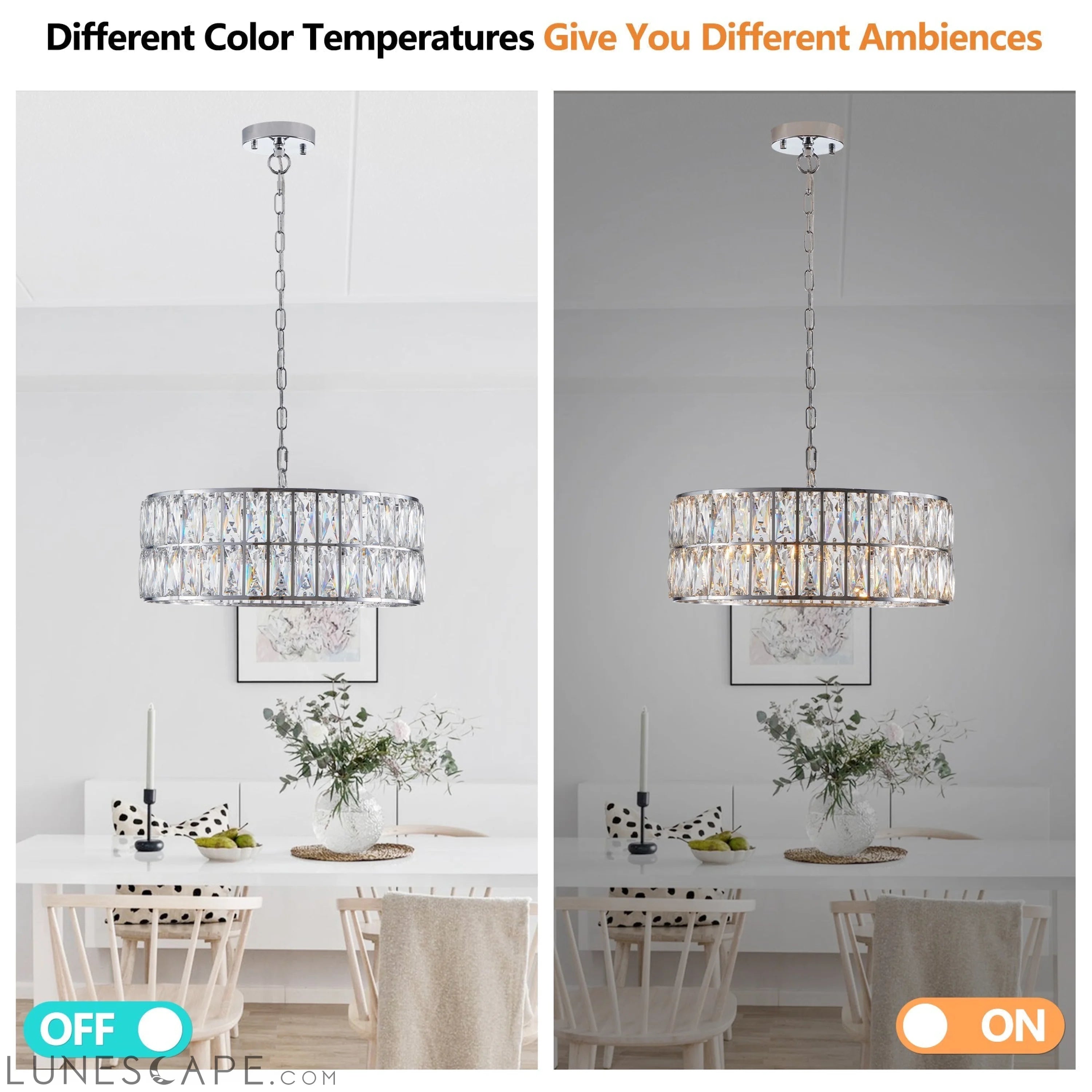 Modern Crystal Drum Chandelier, 6-Light Pendant Lighting Fixture with LUNESCAPE