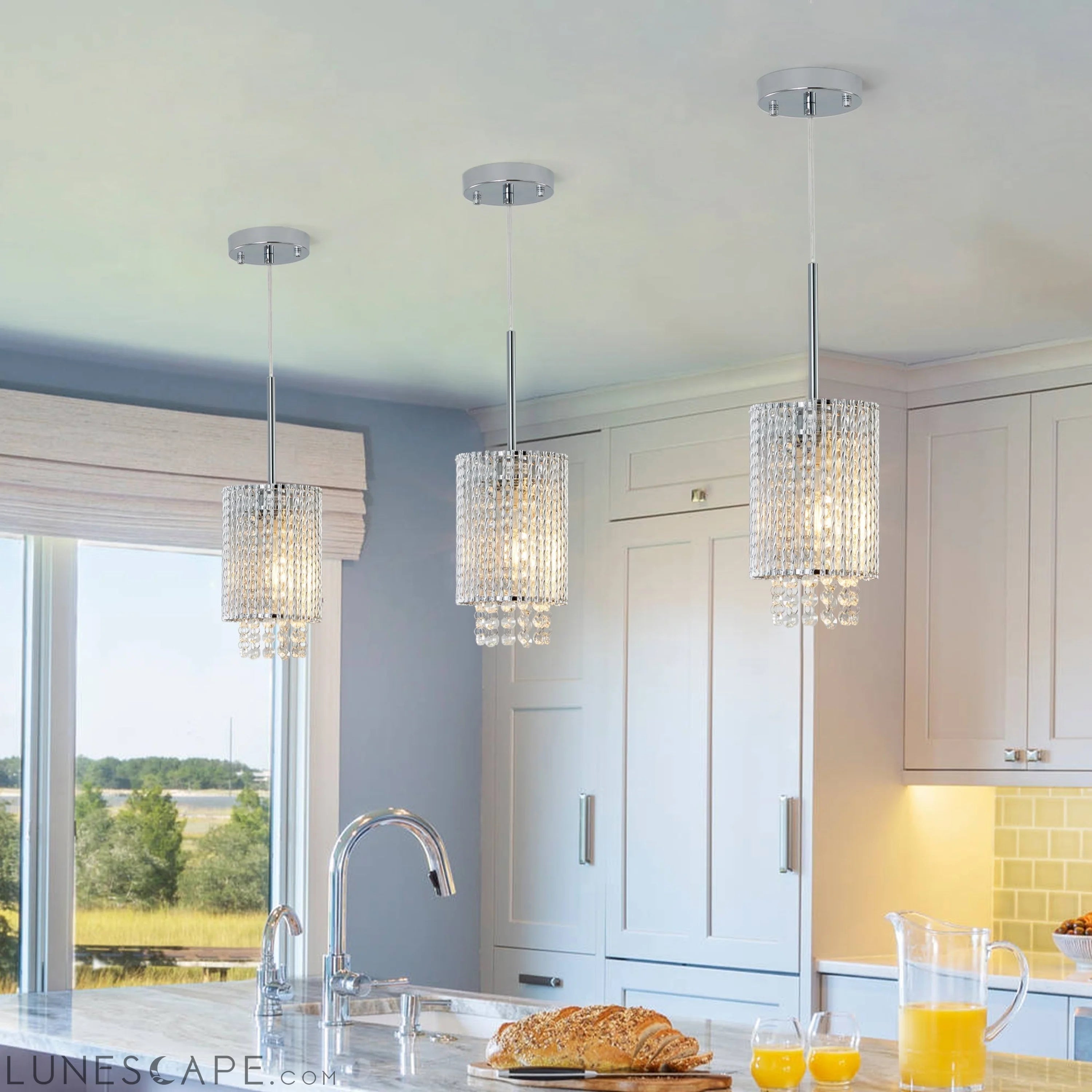 Modern Crystal Pendant Light 3-Pack Adjustable Chrome Chandelier LUNESCAPE