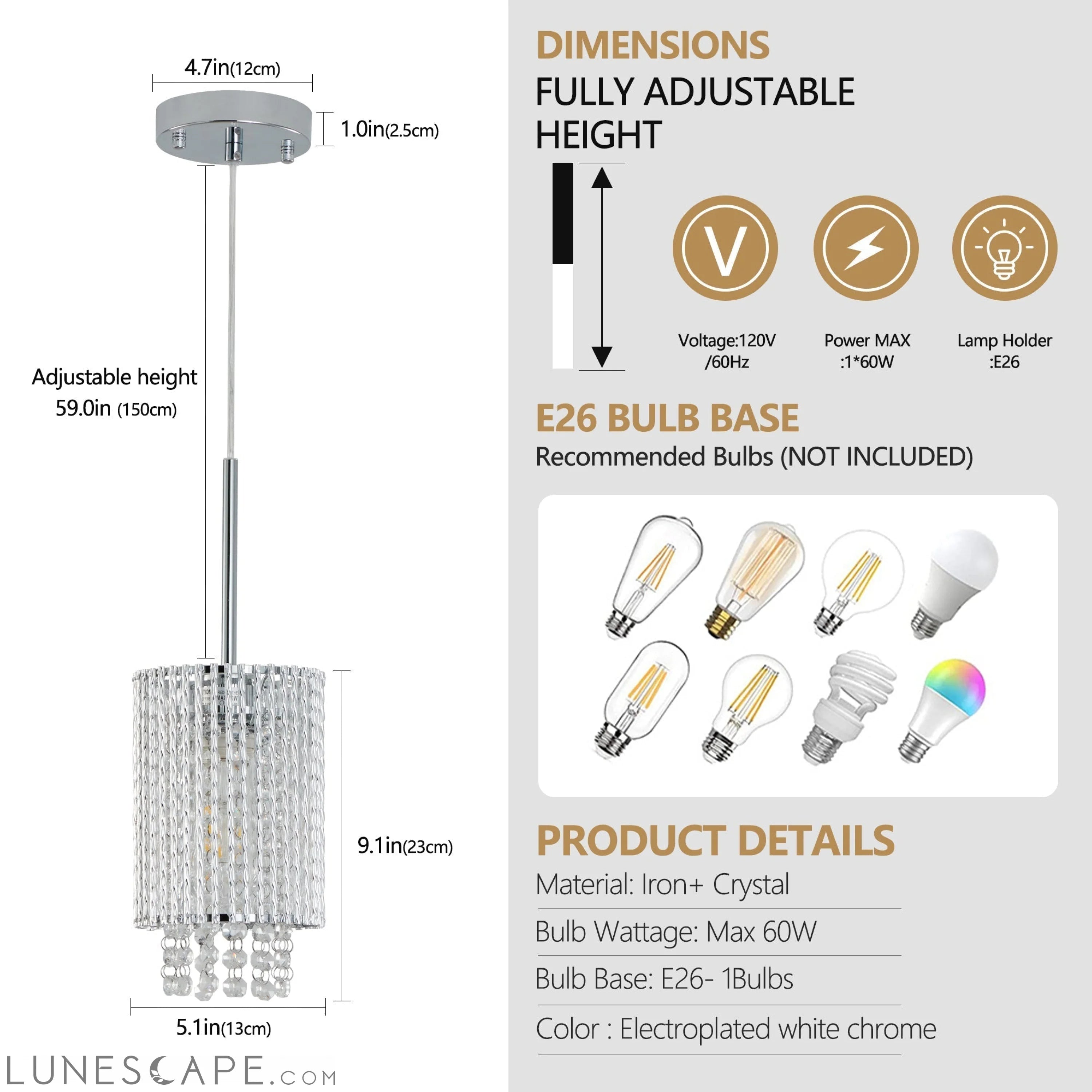 Modern Crystal Pendant Light 3-Pack Adjustable Chrome Chandelier LUNESCAPE