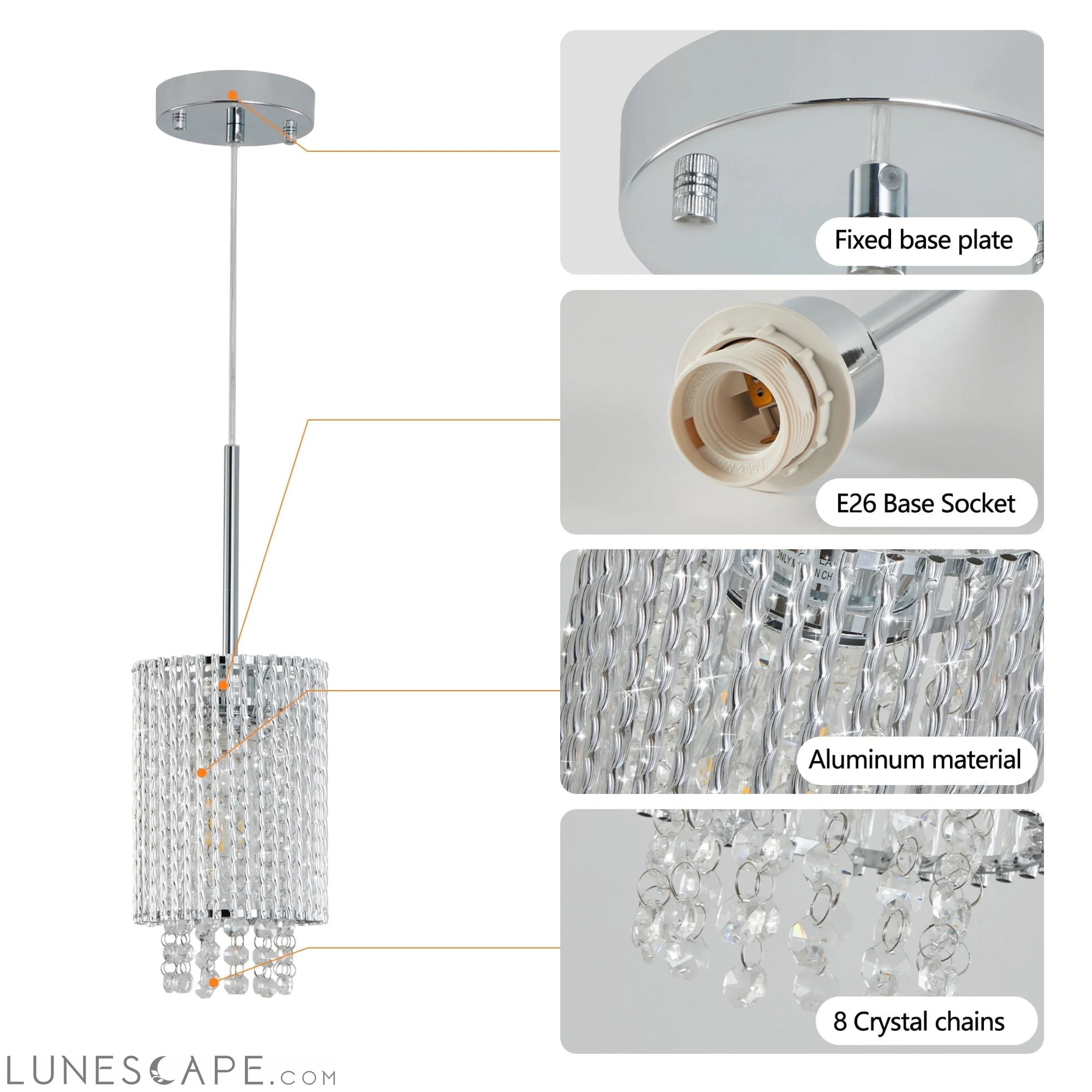 Modern Crystal Pendant Light 3-Pack Adjustable Chrome Chandelier LUNESCAPE