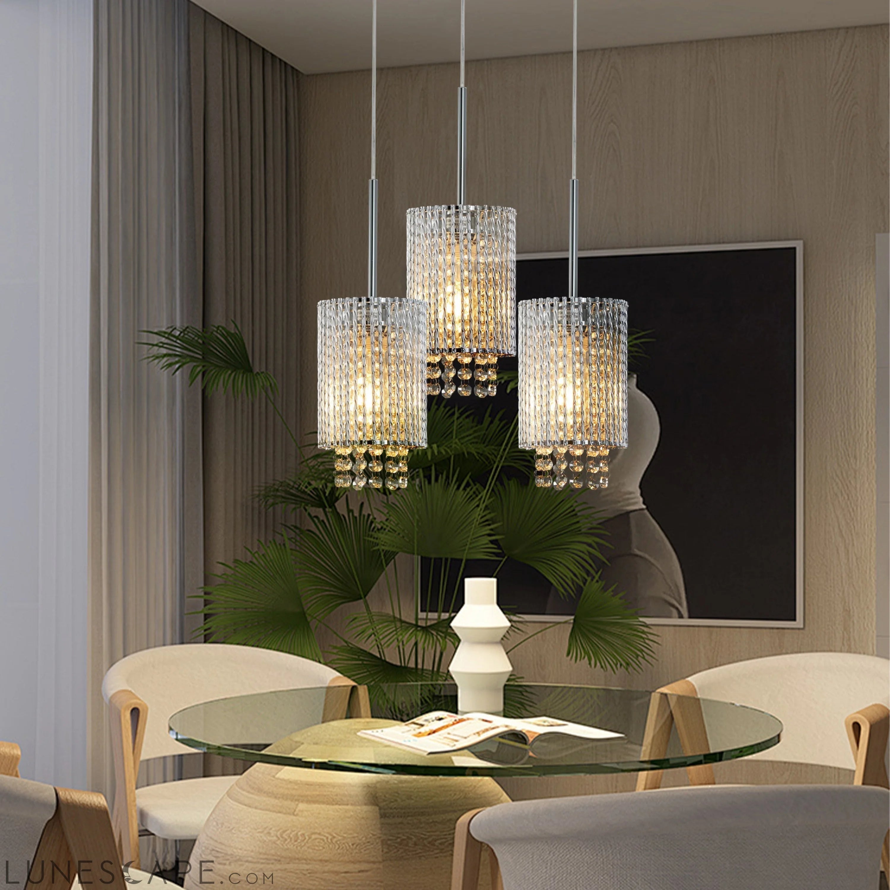 Modern Crystal Pendant Light 3-Pack Adjustable Chrome Chandelier LUNESCAPE