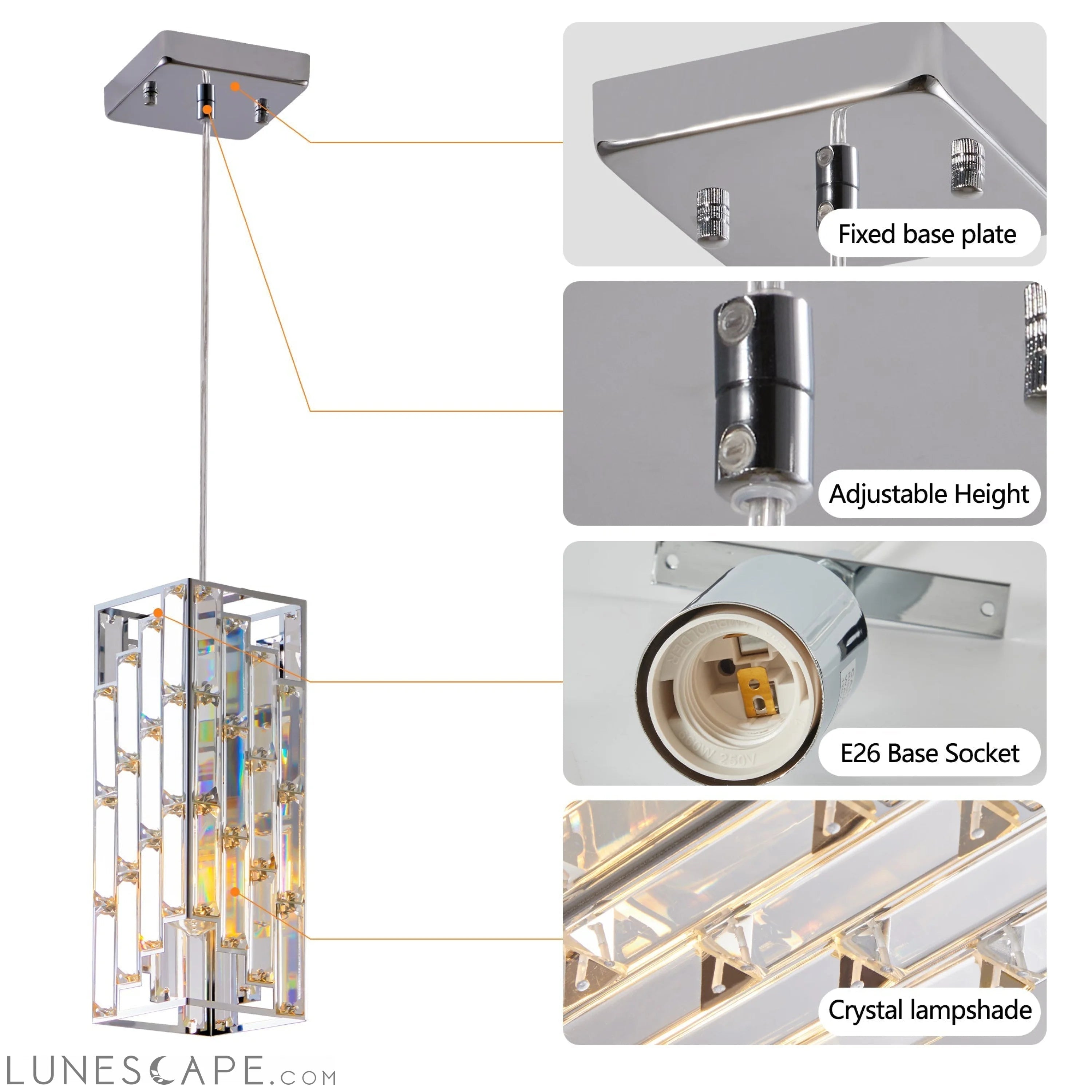 Modern Crystal Pendant Light - 3 Pack, Adjustable Hanging Ceiling Lamp LUNESCAPE