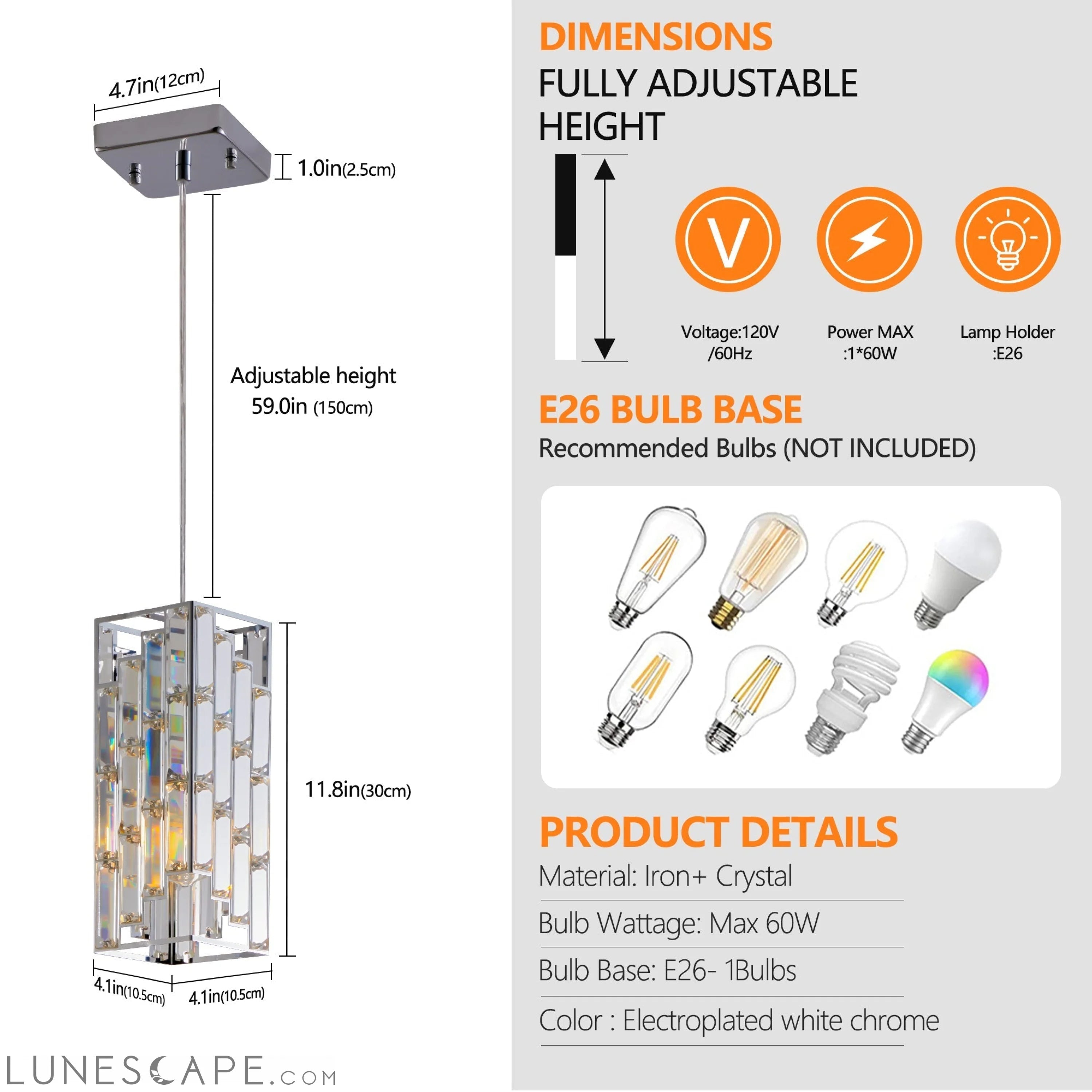 Modern Crystal Pendant Light - 3 Pack, Adjustable Hanging Ceiling Lamp LUNESCAPE