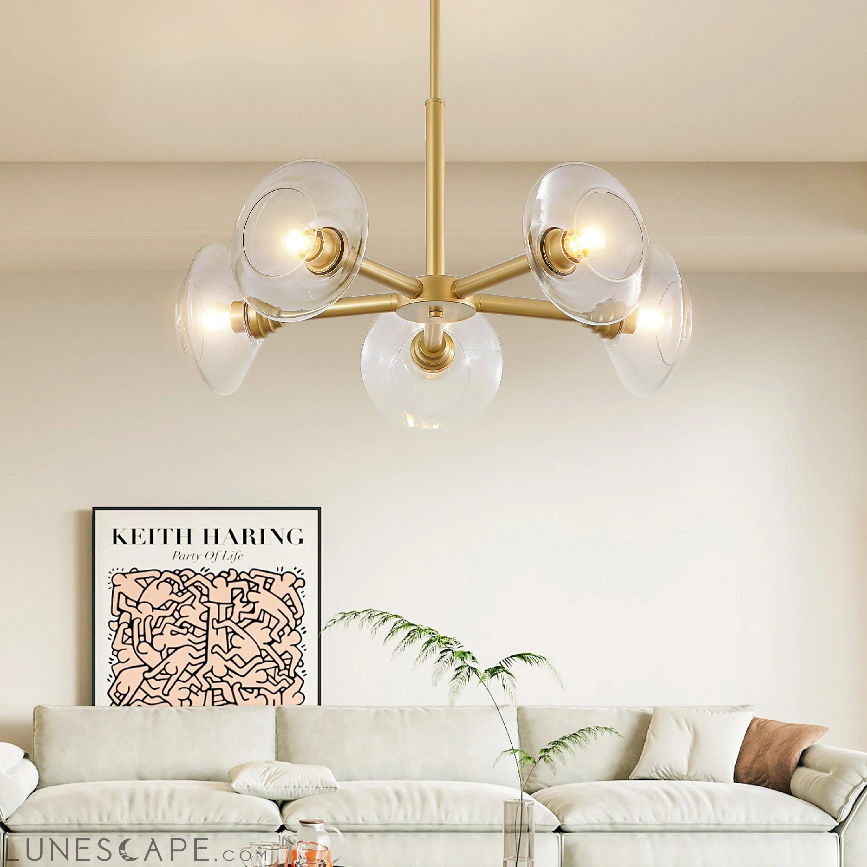 Modern Gold 5-Light Sputnik Chandelier with Clear Glass Shades, LUNESCAPE