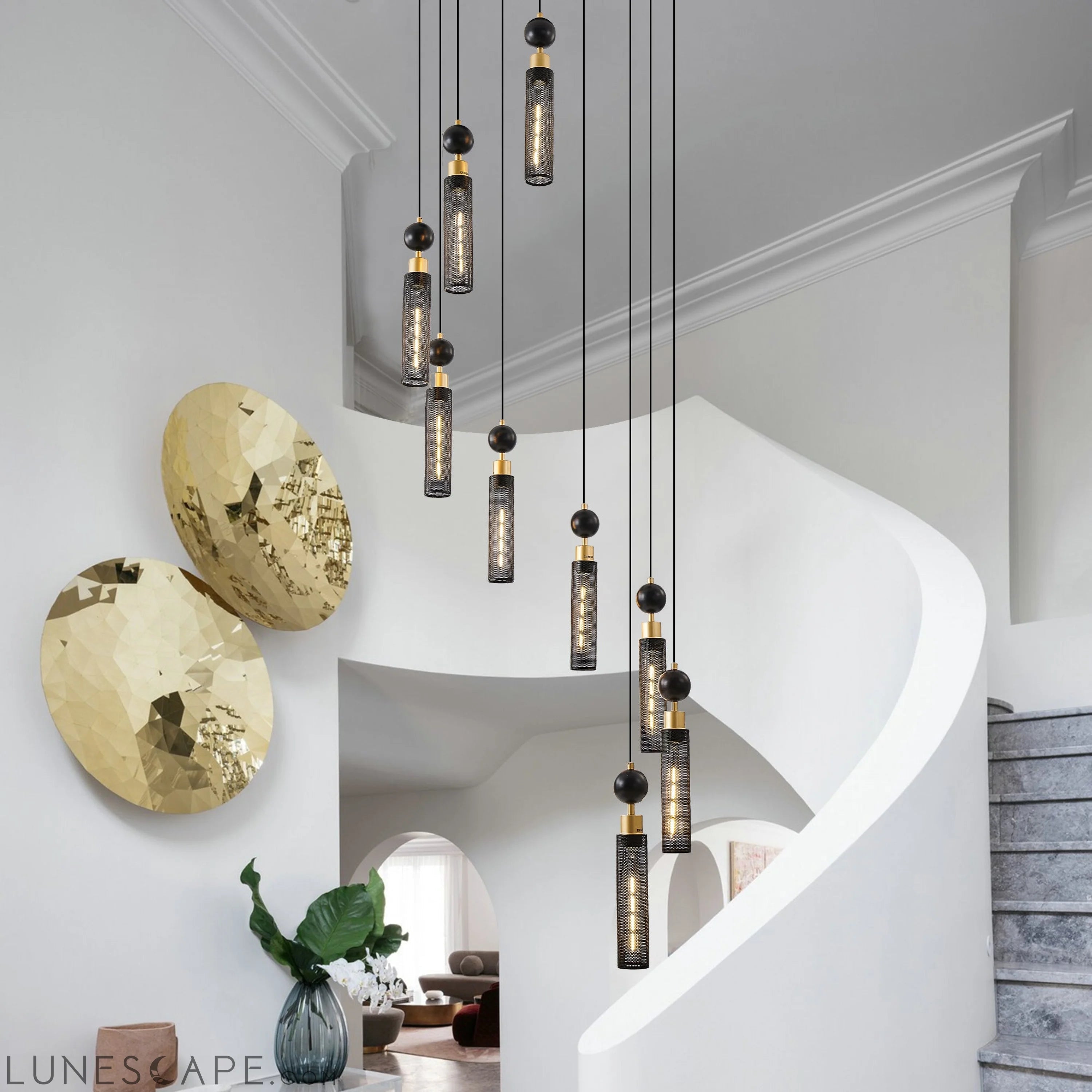 Modern Industrial Multi-Light Pendant Chandelier 9-Light Black & Gold LUNESCAPE