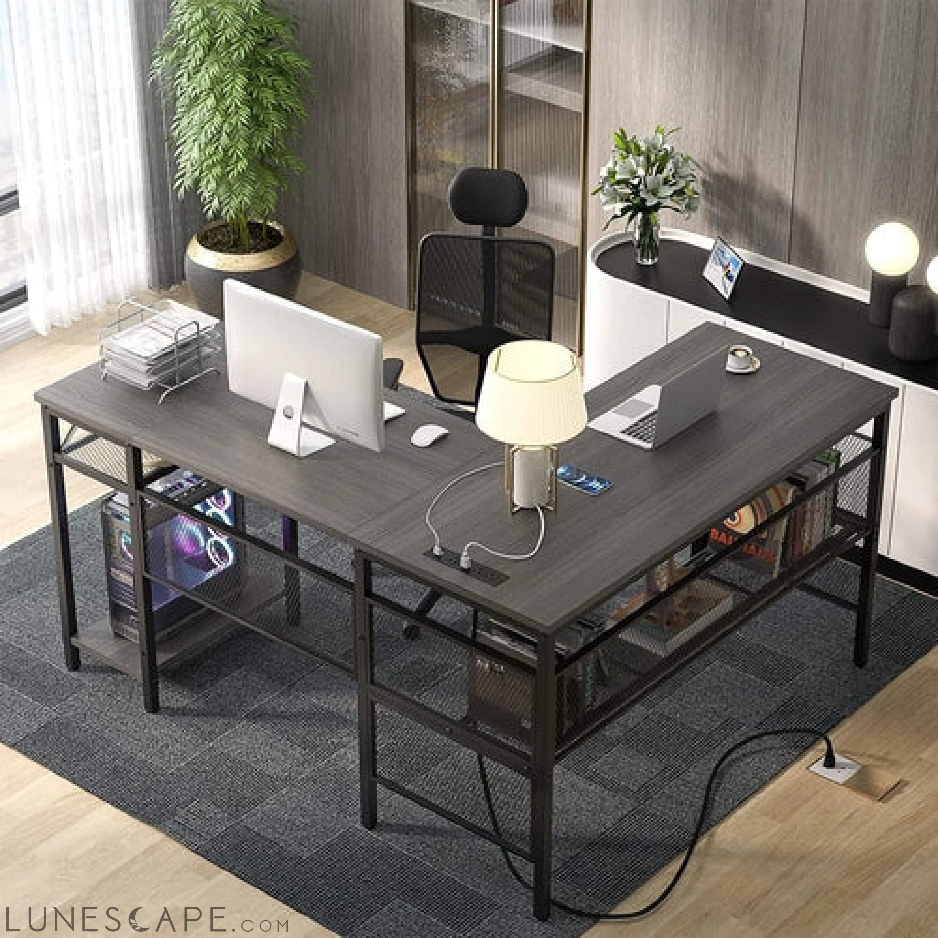 Modern L-Shaped Desk W/ Power Outlet LUNESCAPE