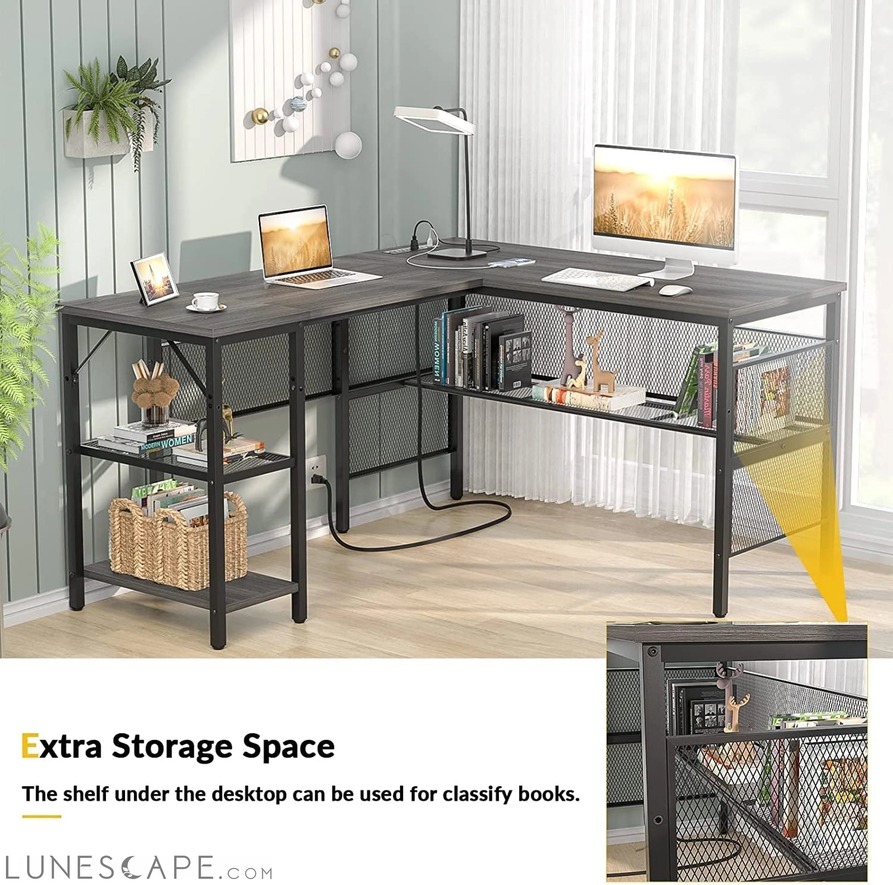 Modern L-Shaped Desk W/ Power Outlet LUNESCAPE