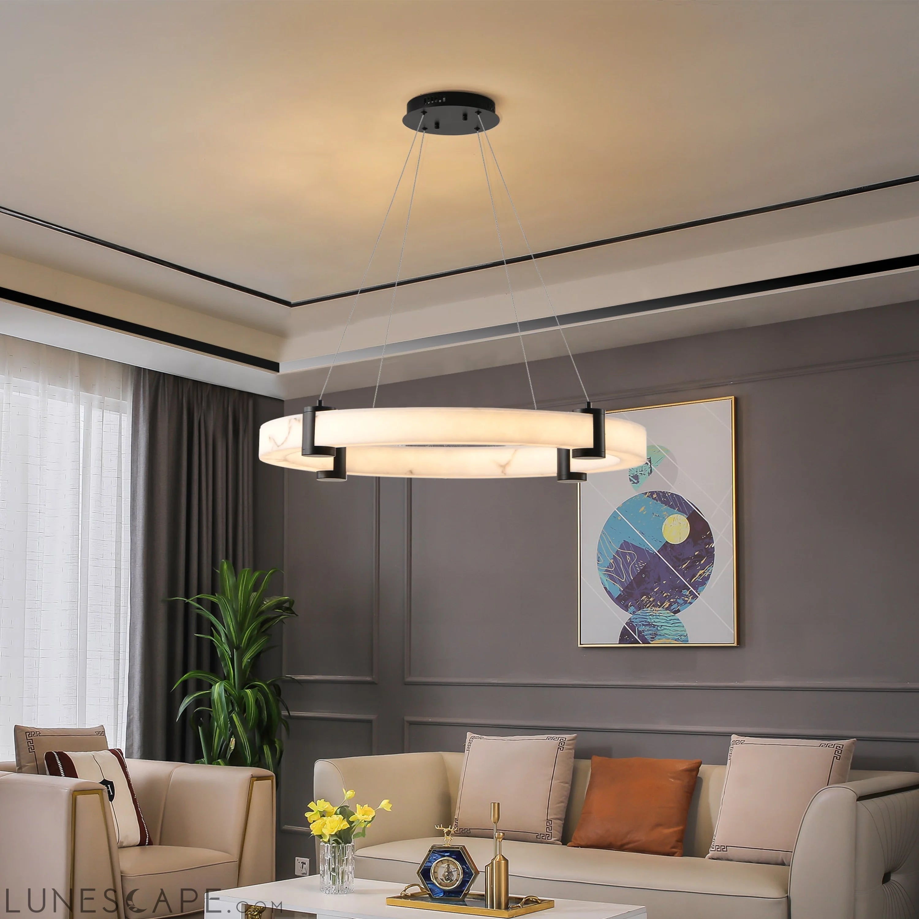Modern LED Pendant Light, 23.6-Inch Round Hanging Chandelier with LUNESCAPE