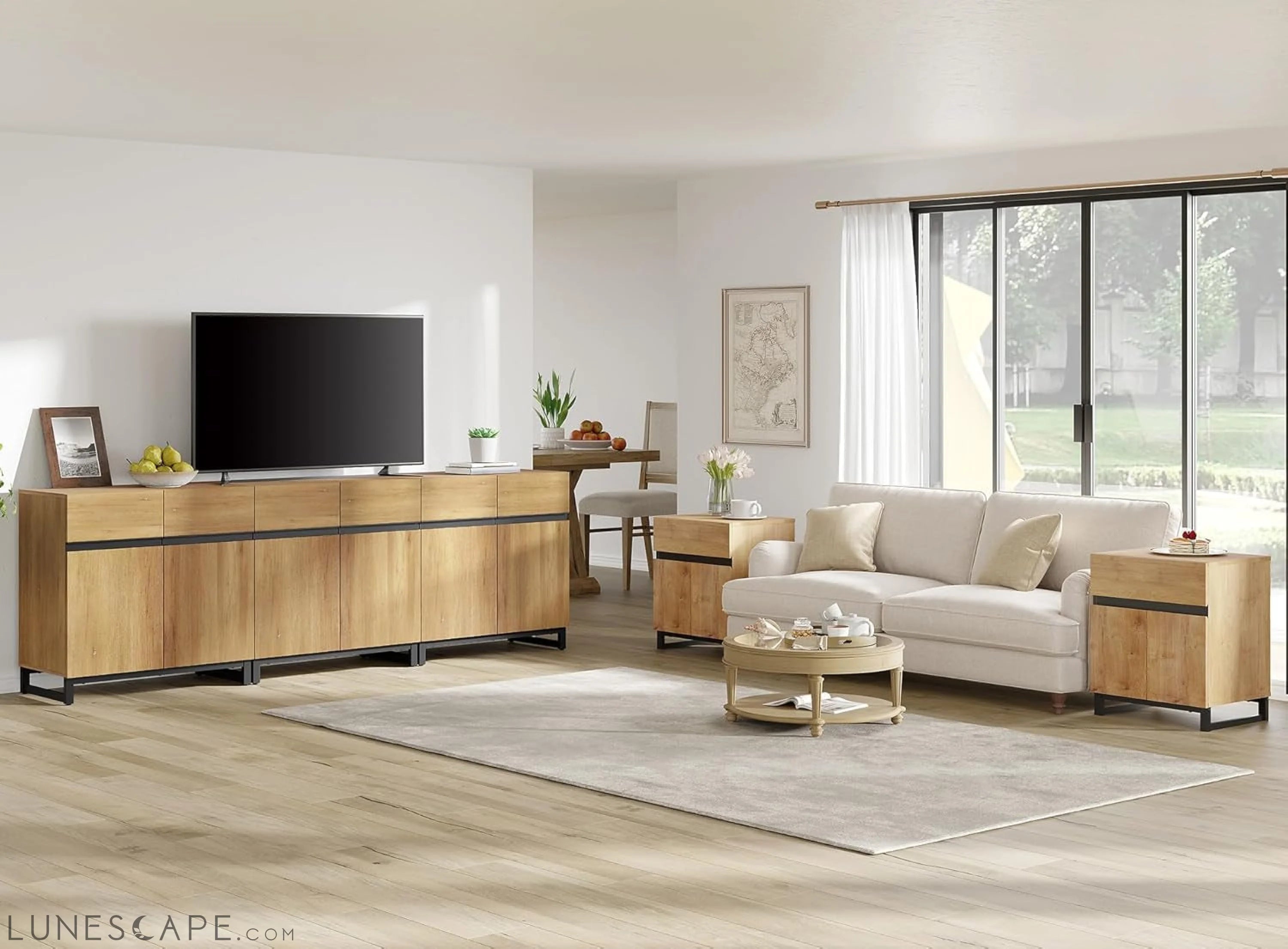 Modern TV Stand for Tvs up to 110 Inch, 3 in 1 Wood Entertainment LUNESCAPE