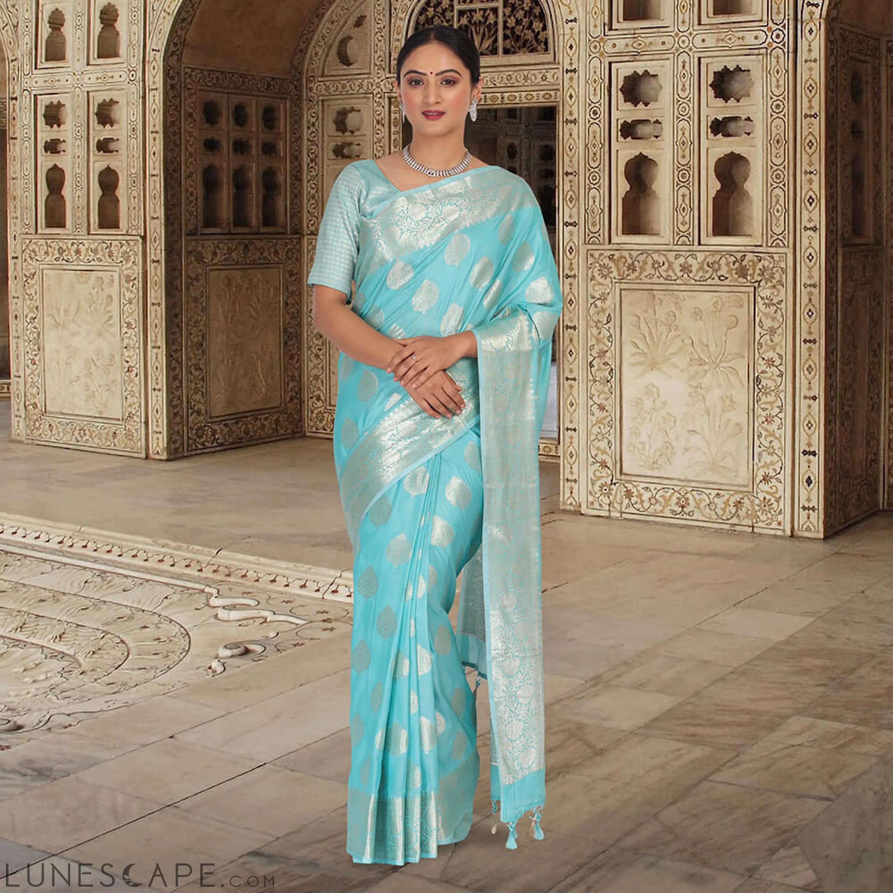 Monica Silk Banarasi Saree - Sky Blue LUNESCAPE