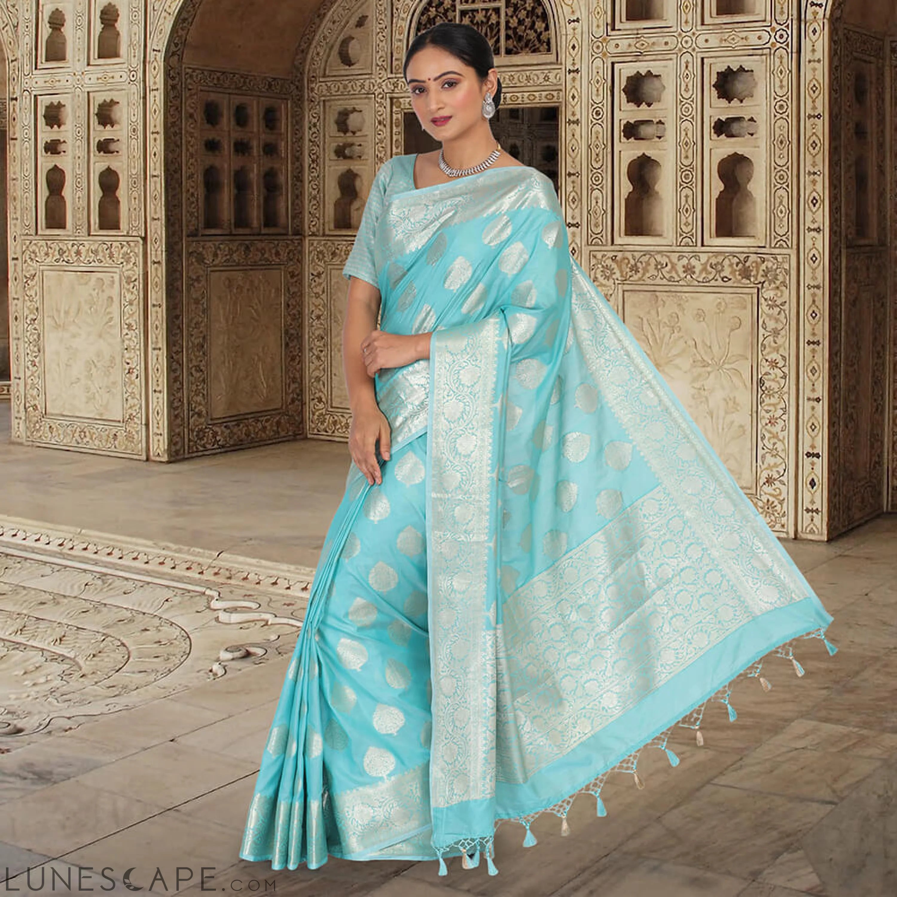 Monica Silk Banarasi Saree - Sky Blue LUNESCAPE