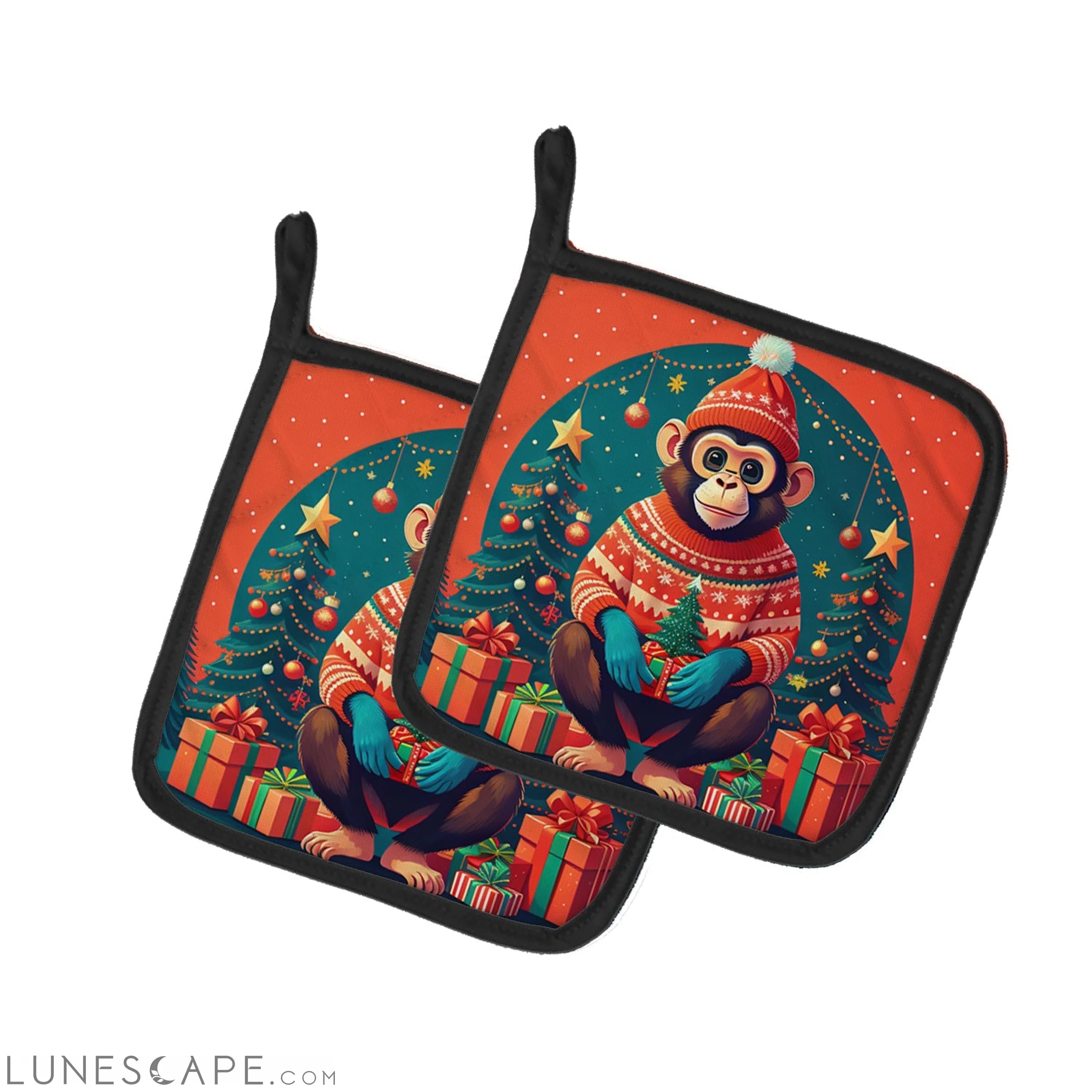 Monkey Christmas Pair of Pot Holders LUNESCAPE